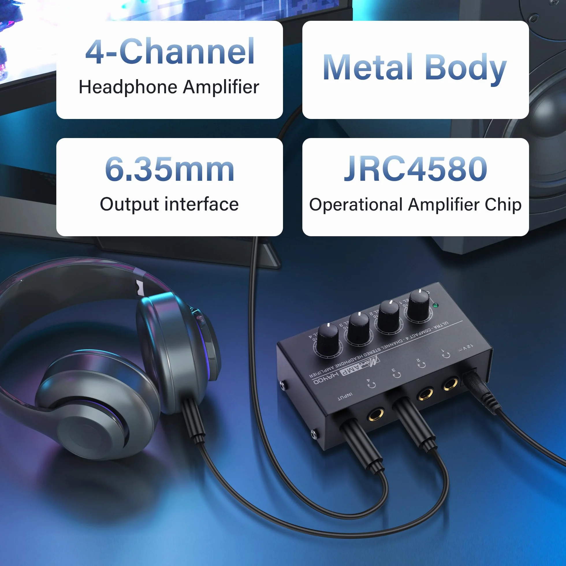 SinLoon HA400 4 canaux amplificateur de Casque stéréo, métal Mini Splitter Audio avec contrôle de Volume indépendant, 1/4 "Sortie et entrée TRS, avec Adaptateur 12V pour Studio, scène, PC, Guitare