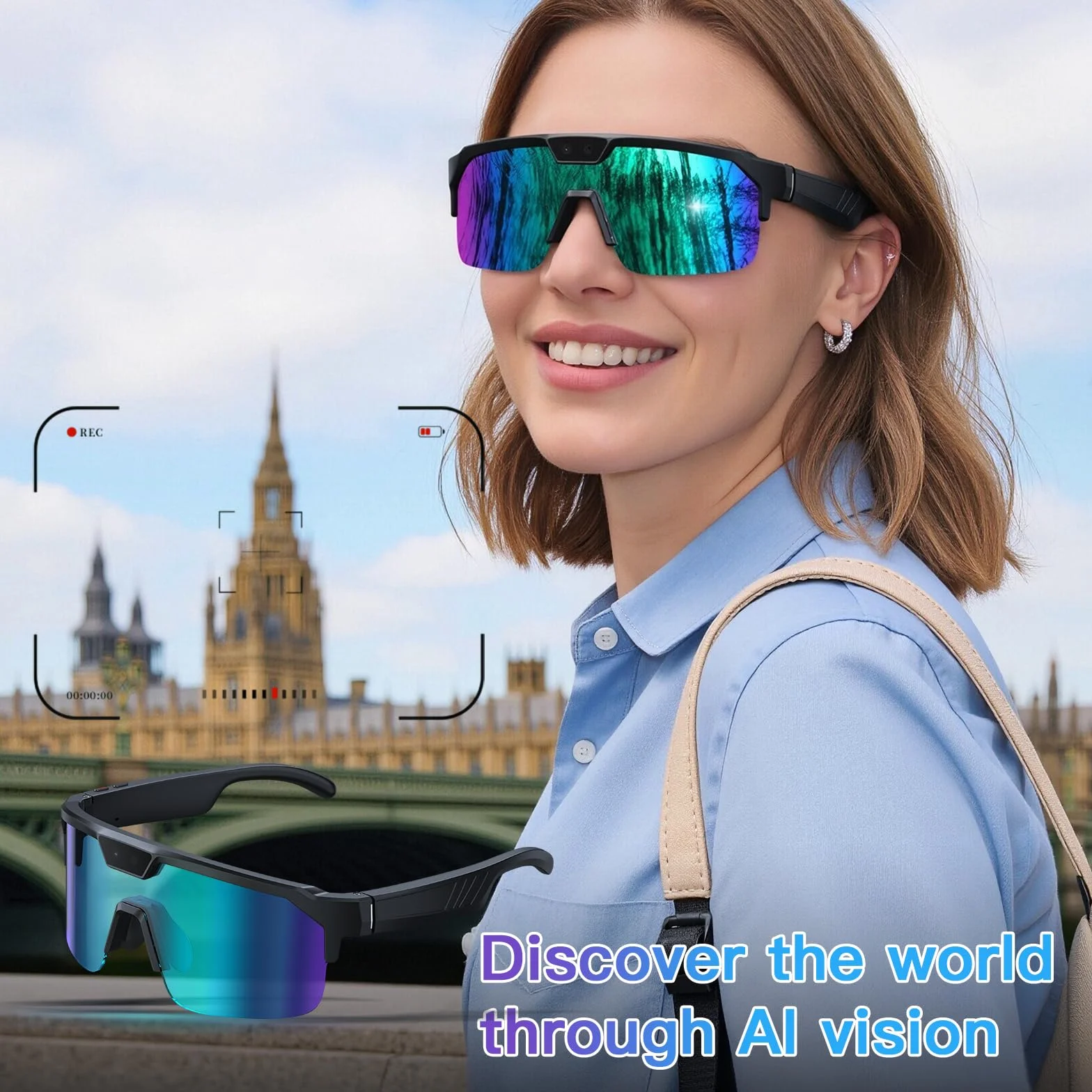 Lunettes Caméra Sport, Caméra 8 MP, Haut-Parleurs Ouverts, Verres Anti-éblouissants, Lunettes Connectées avec Vidéo, Photo et Détection IA d’Objets, AI Smart Glasses Pour Cyclisme, VTT, Randonnée