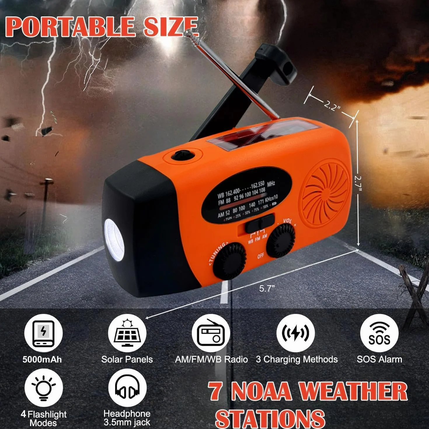 Radio Solaire 5000mAh Portable d'urgence à Manivelle Dynamo avec AM/FM Radio à Piles Dynamo, Survie Poche LED Charge de Téléphone à Manivelle pour la Randonnée et l'extérieur (Orange)