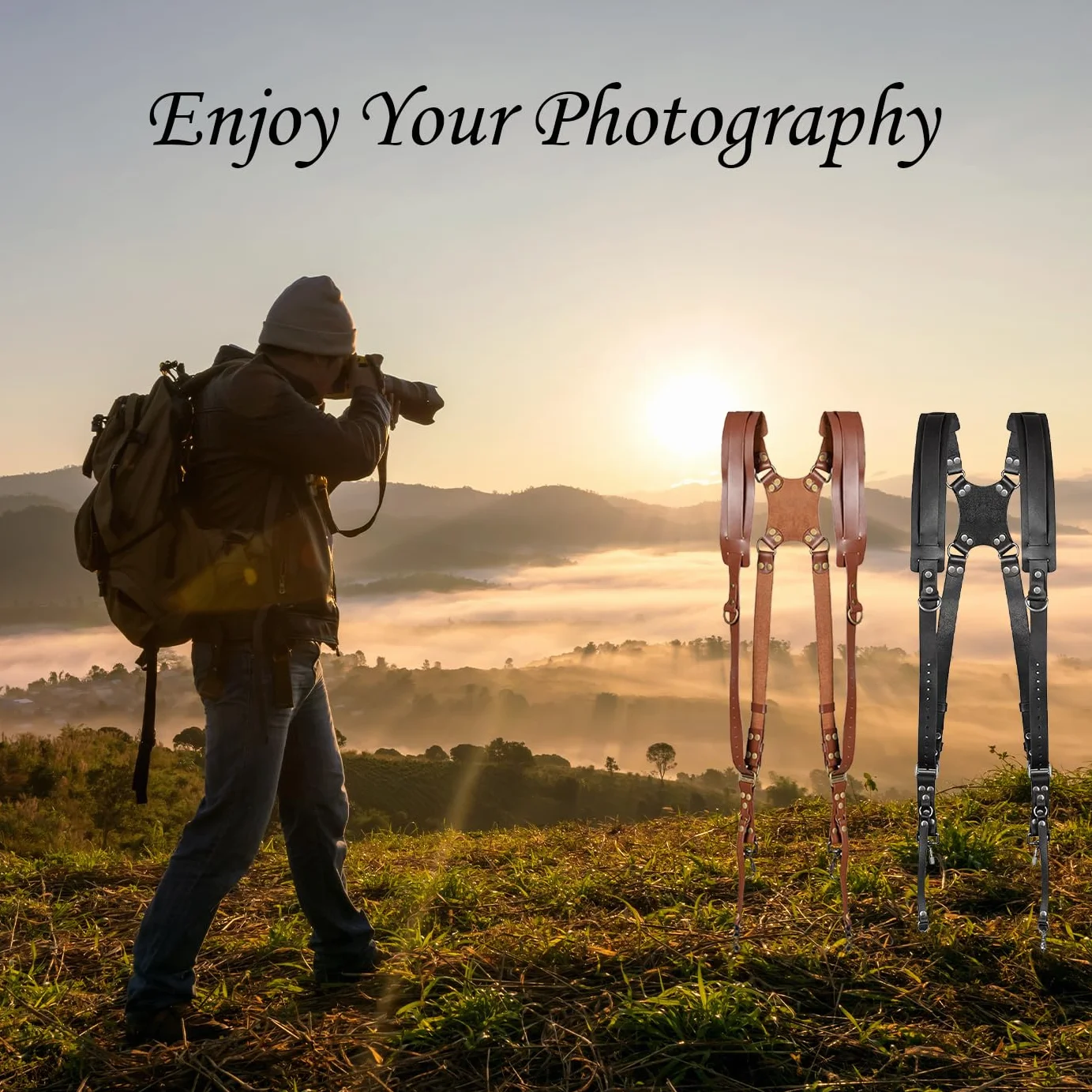 Harnais Appareil Photo Professionnel, Longueur Ajustable Bandoulière Double pour Appareil Photo, Cuir Sangle de Sac à Dos Deux Caméras DSLR/SLR, Unisexe Photographe
