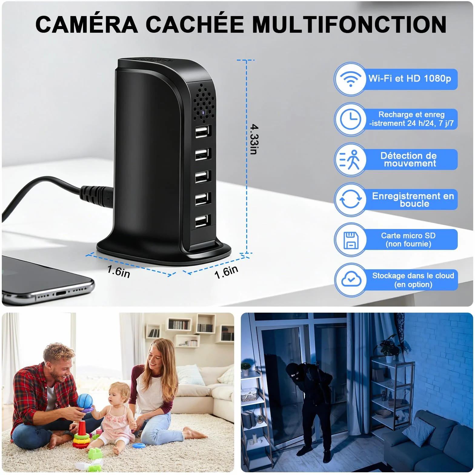 Caméra Cachée Wi-FI 5G, Chargeur USB à 5 Ports avec Caméra Cachée, Mini-caméra Espion Wi-FI HD 1080P, MiniCaméra Cachée WiFi USB avec Détection de Mouvement et Enregistrement en Boucle