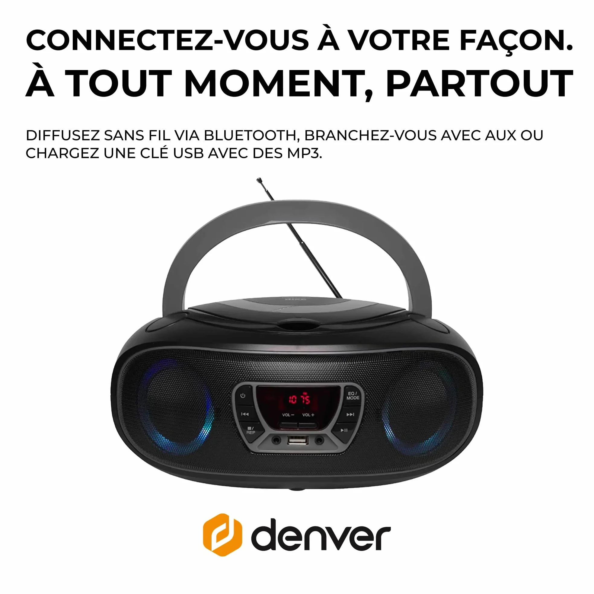 Denver TCL-212BTGR Boombox CD Bluetooth Radio FM USB MP3 AUX Gris