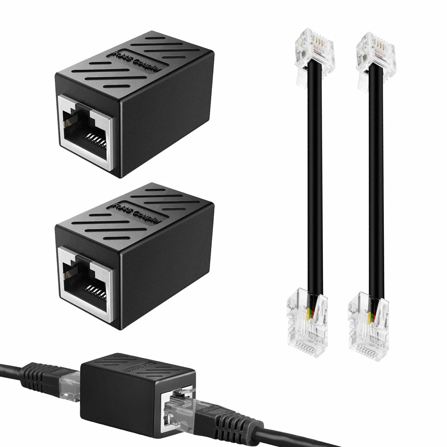 Lot de 2 adaptateurs RJ11 vers RJ45, connecteur BT pour téléphone vers modem ADSL, 0,15 m Noir