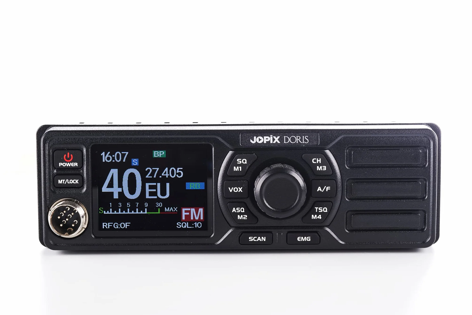 Jopix Doris Émetteur-Récepteur CB 27 MHz Multinorme AM/FM – Haut-Parleur Frontal, Écran Couleur, 12V/24V, Format Ultra-Compact (6cm Profondeur), Mains Libres VOX