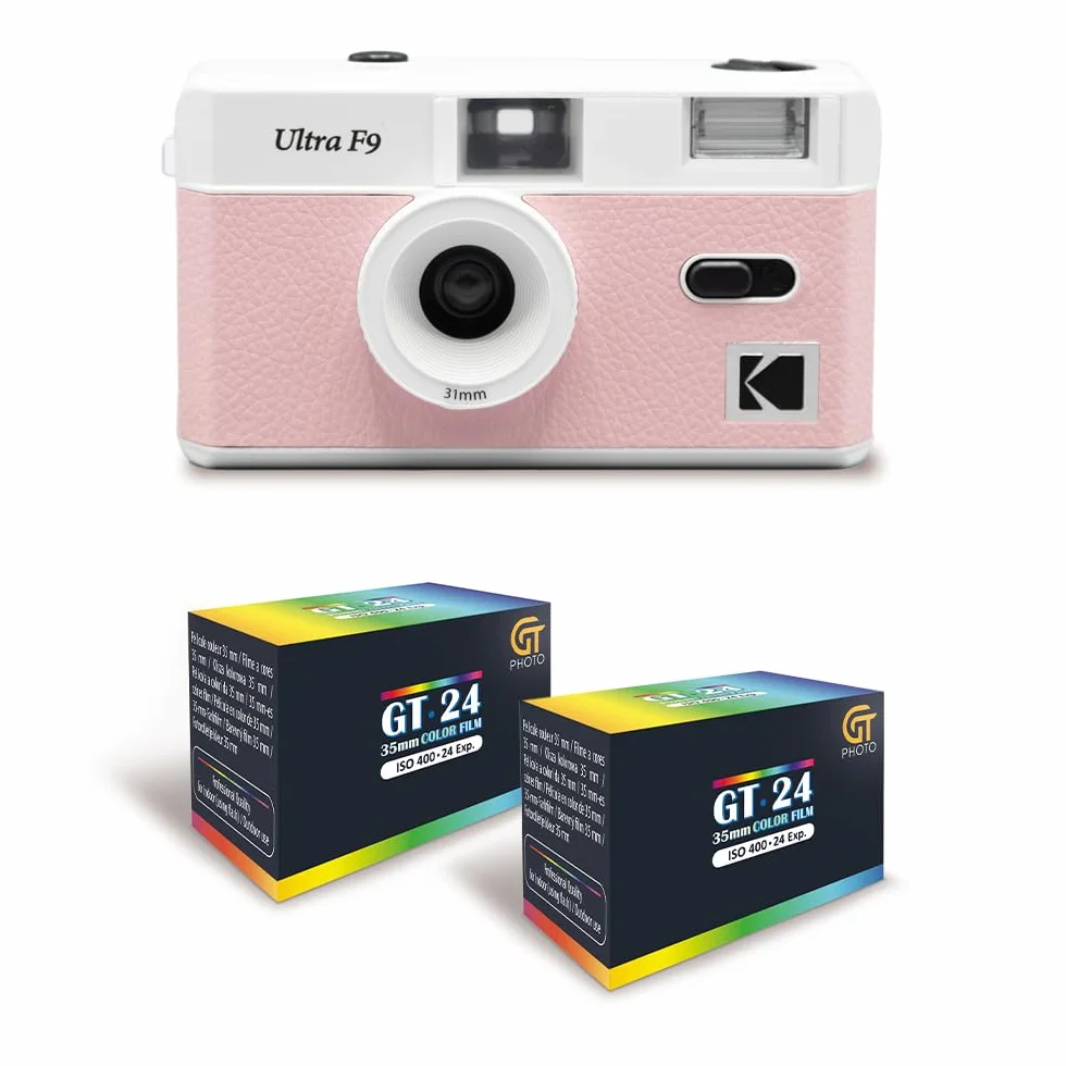 KODAK Ultra F9 - Appareil Photo Argentique Réutilisable 35mm, Objectif Fixe 31mm F/9, Flash Intégré, Chargement Facile, Rembobinage Manuel - Rose + 2 Pellicules Couleur 24 Expositions