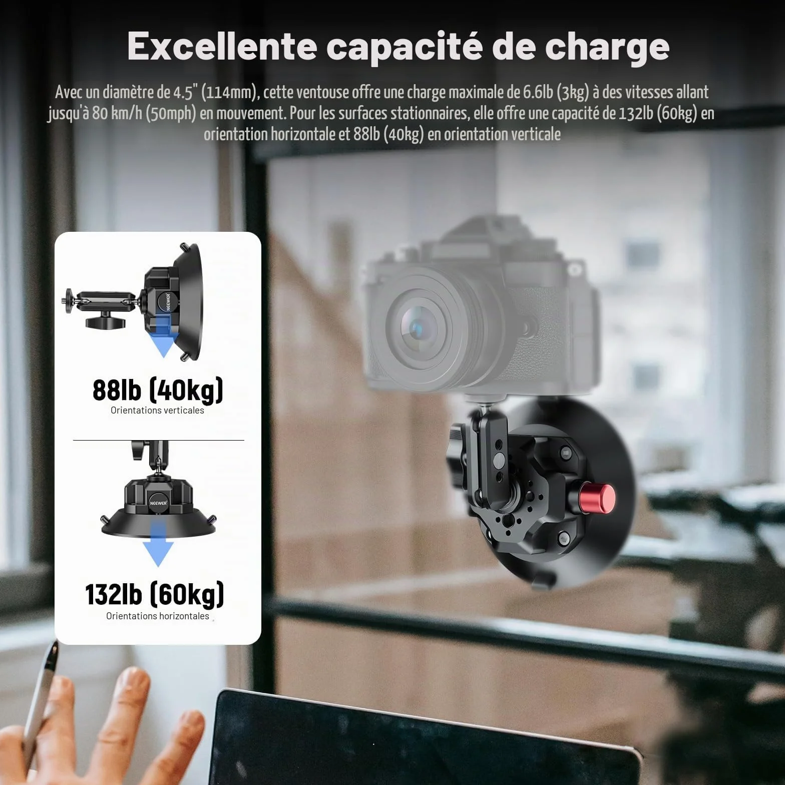 NEEWER Support Caméra Ventouse 4,5" Bras Magique, Compatible avec Arri 1/4" 3/8" Trous, Support Voiture Quick Release, Adaptateur Action Cam Compatible avec iPhone GoPro DJI Insta360, CA105