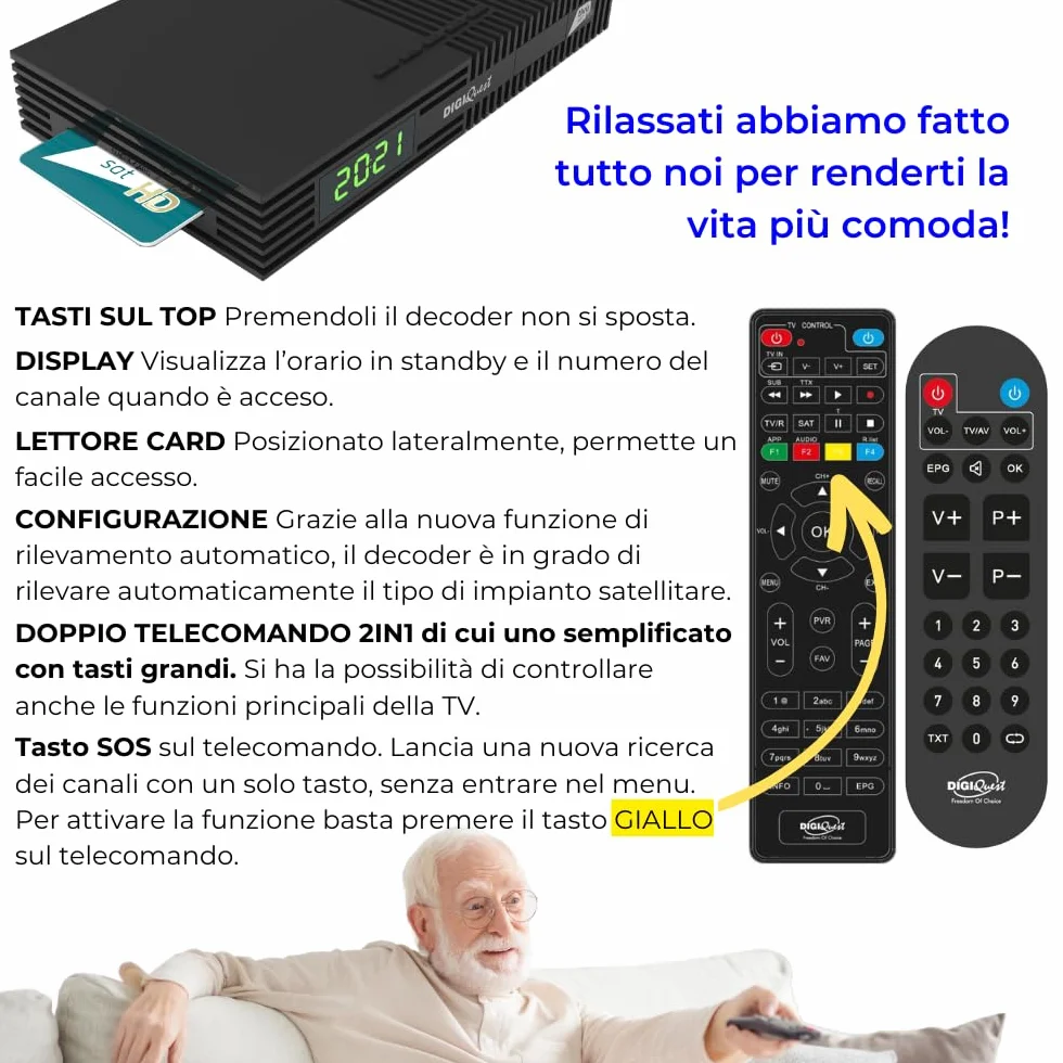 DIGIQUEST Décodeur Tivùsat Ti9, DVB-S2 | VOITURE INSTALLANTE | Double télécommande 2 en 1 dont une avec grandes touches | Carte intelligente Tivùsat incluse | HDR |Fonction d'enregistrement activable