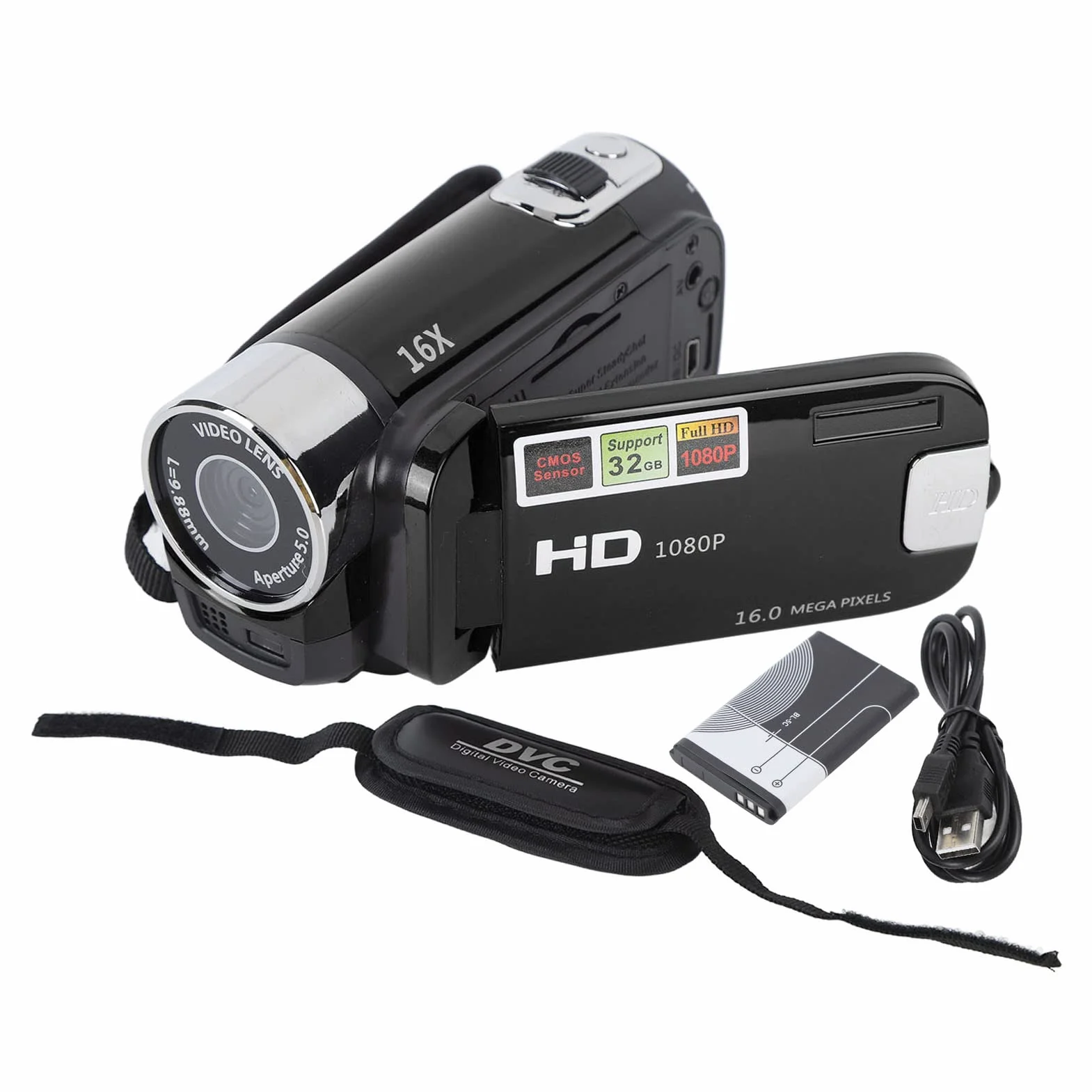 Caméra Vidéo Caméscope, 1080P 16MP DV Caméra Portable, Écran Rotatif TFT 2.7in Zoom Numérique 16x Caméra Vidéo avec Câble USB pour Famille, Voyage (Noir)