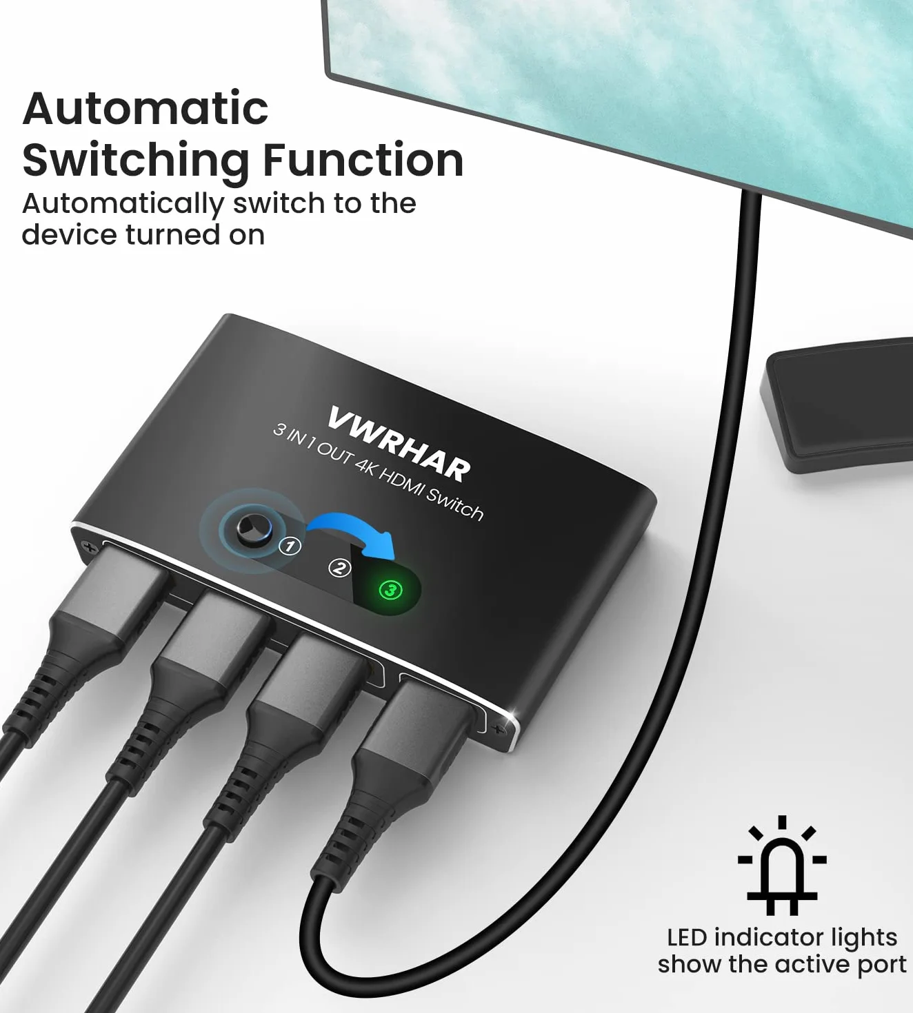 Multiprise HDMI Aluminium 3 Entrées 1 Sortie Splitter 4K 3D 1080P HDR Compatible PS5 PS4 Xbox