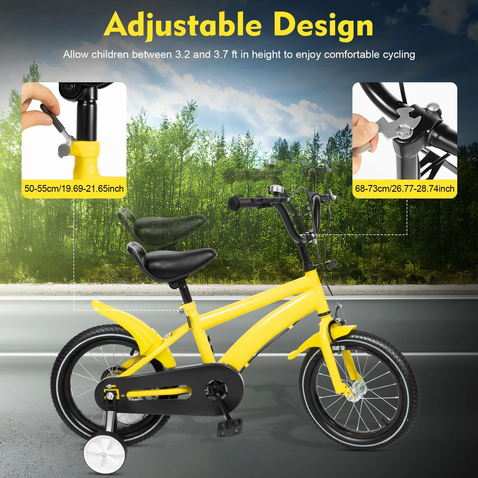 Vélo enfant 14 pouces roues stabilisatrices béquille siège réglable 55-66 cm