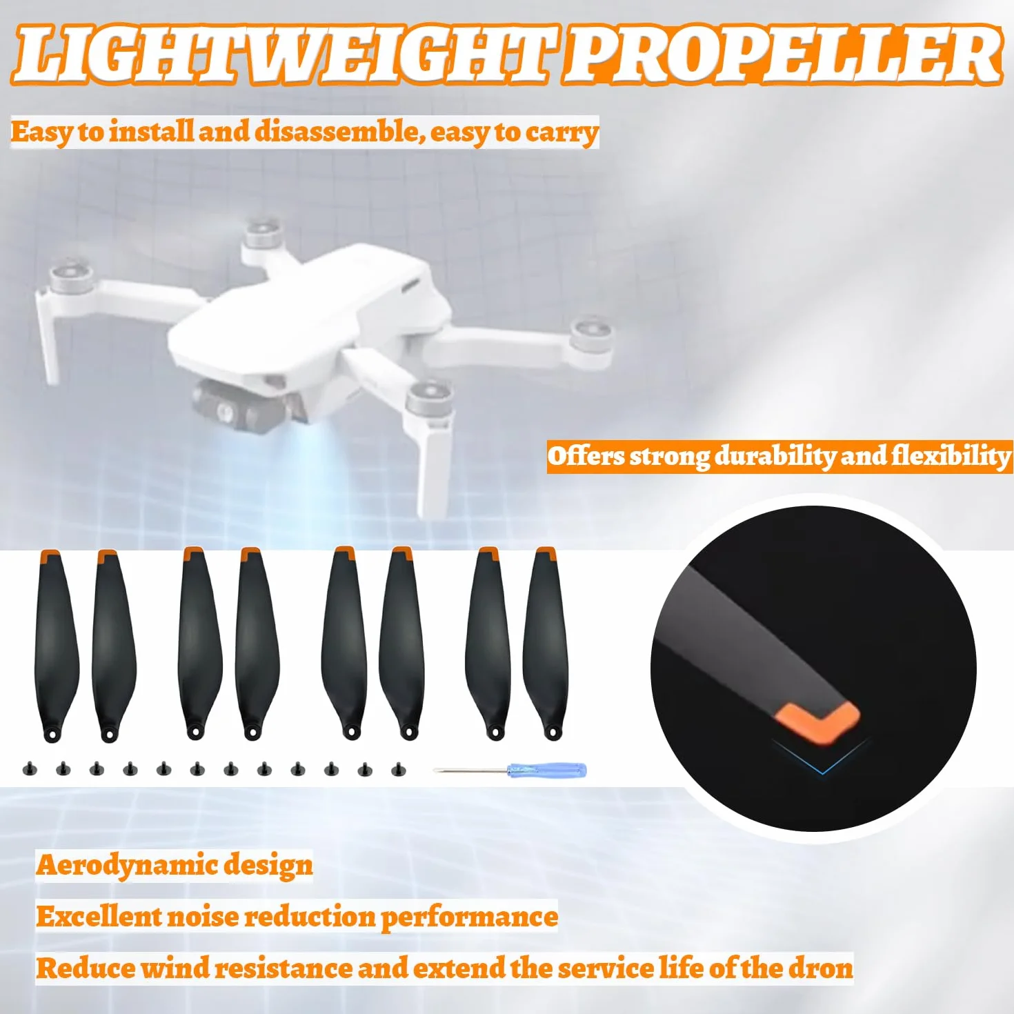 16Pcs Hélices de Rechange pour Drone DJI Mini 3 Pro, Mini 4 Pro, Faible Bruit & Stable Drone Accessoires Hélices Remplacement avec 2 Tournevis et 24 Vis
