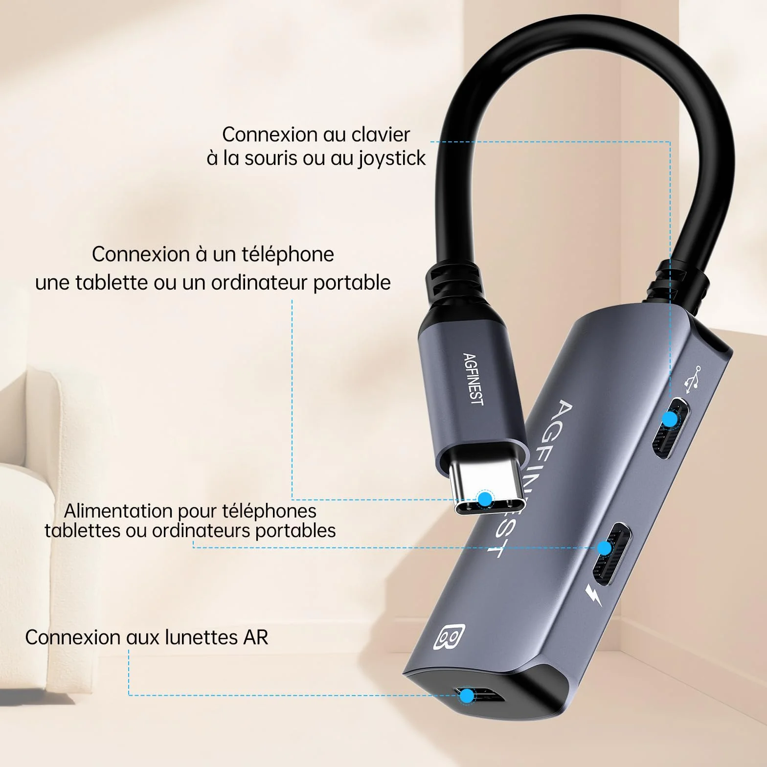 Adaptateur de Lunettes AR, USB C vers Lunettes AR avec Charge PD100W, 4K@60Hz Compatible avec iPhone 15/16 /Laptop/Lunettes Viture/Rokid/Xreal AR/Rayneo（Interface Périphérique USB-C
