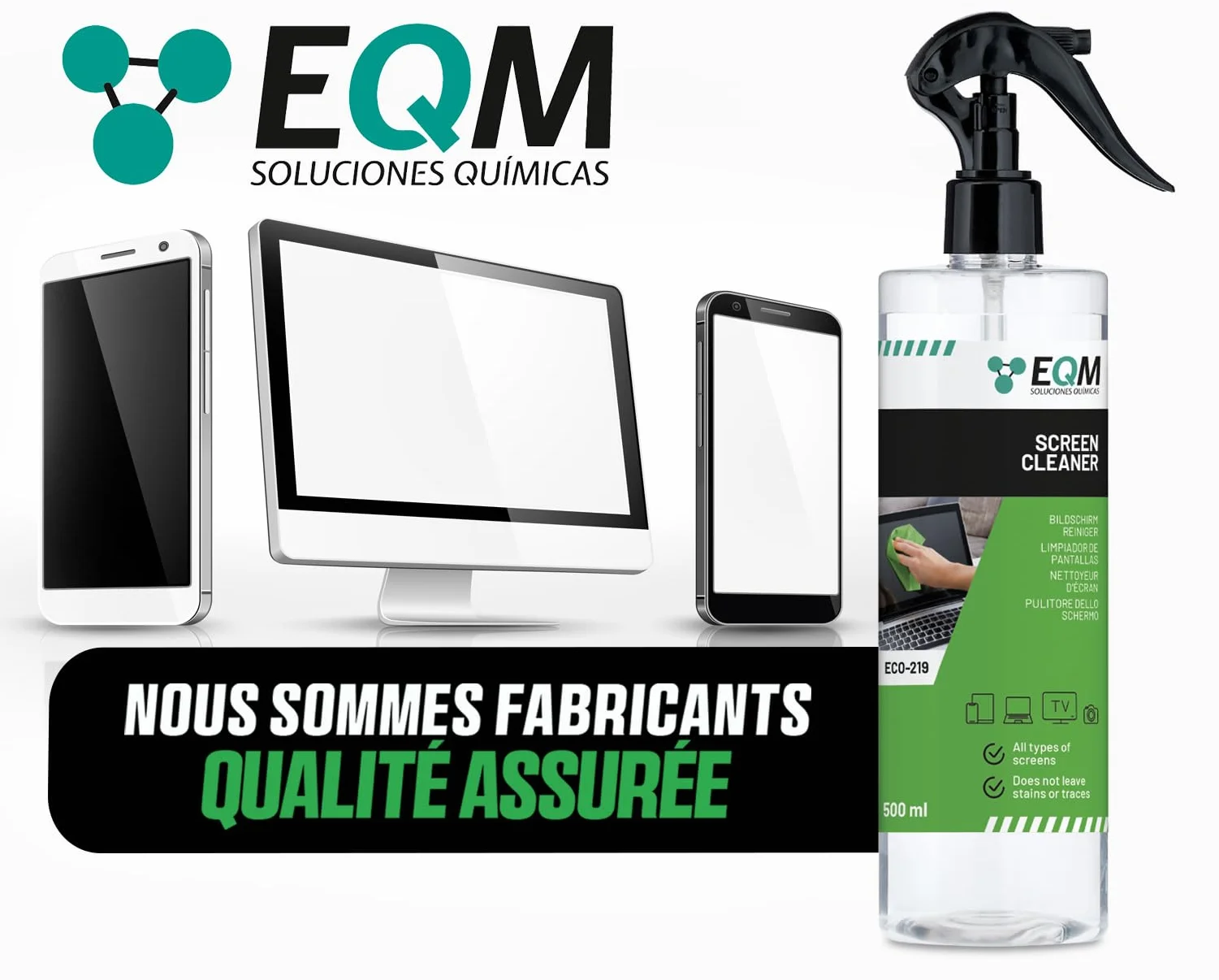 EQM - ECO-219 - Kit Nettoyant Écrans + Chiffon Microfibre - 500 ML - Format Premium - Compatible Tablette, Mobile, Ordinateur Portable, Appareil Photo, LED, OLED