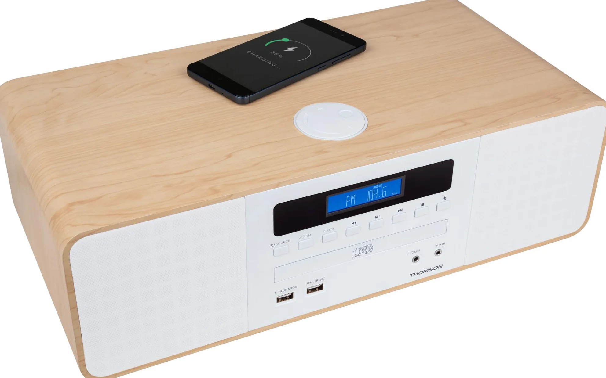 THOMSON Micro Chaîne Bluetooth Lecteur CD HiFi 50W Radio FM Chargeur Smartphone sans-Fil Induction Compatible Samsung Galaxy MIC201IBT