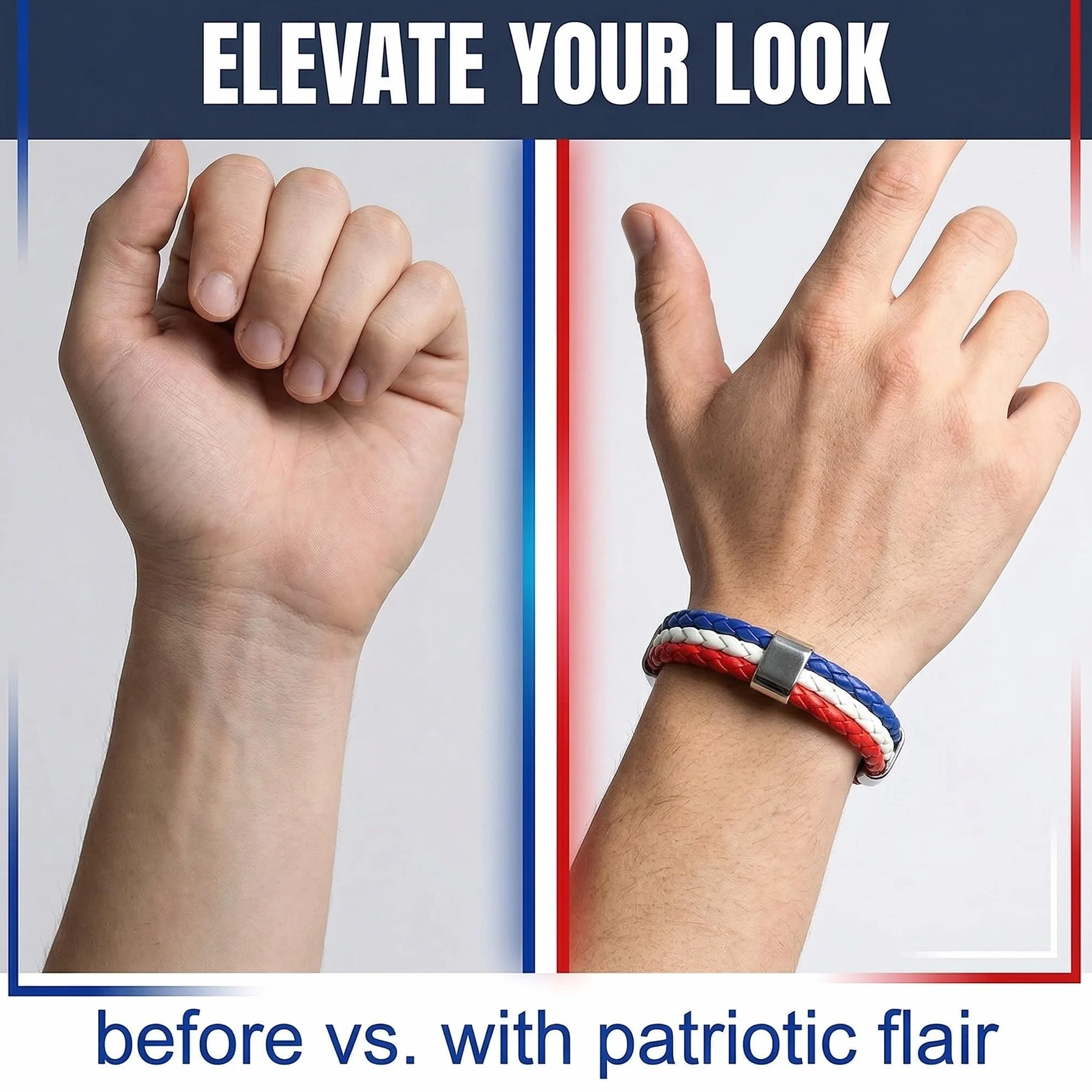 Lot de 2 Bracelet France Drapeau Français en Cuir Synthétique Bleu Blanc Rouge 22cm