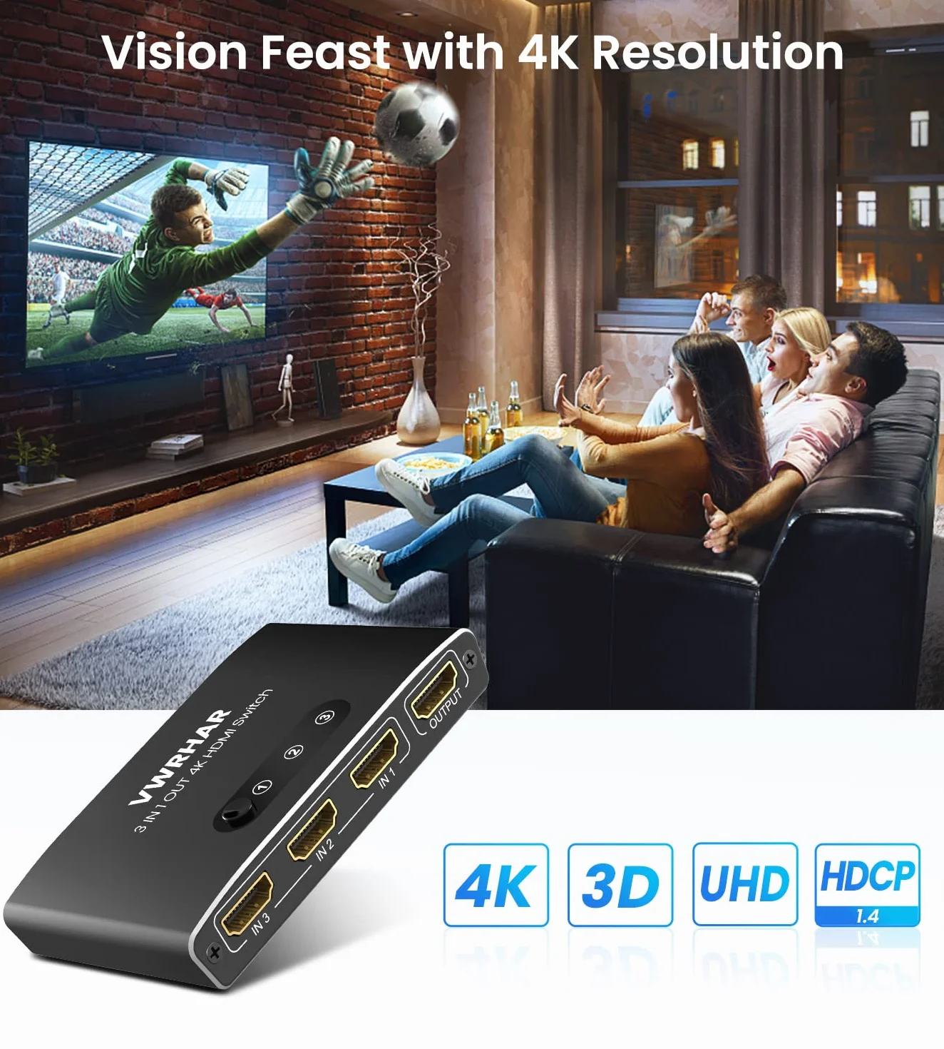 Multiprise HDMI Aluminium 3 Entrées 1 Sortie Splitter 4K 3D 1080P HDR Compatible PS5 PS4 Xbox