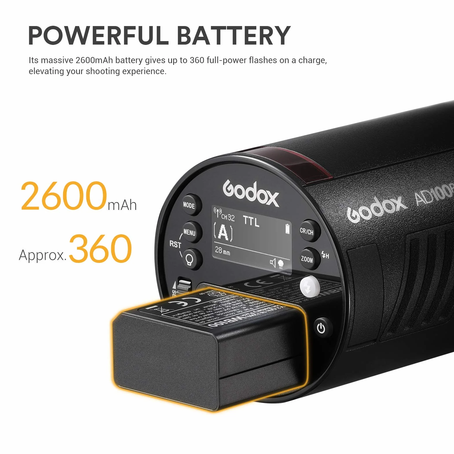 Godox AD100Pro Flash TTL HSS 1/8000s Godox sans Fil 2.4G X avec Batterie au Lithium 2600 mAh pour appareils Photo Nikon/Sony/Canon/Olympus/Panasonic/Fujifilm