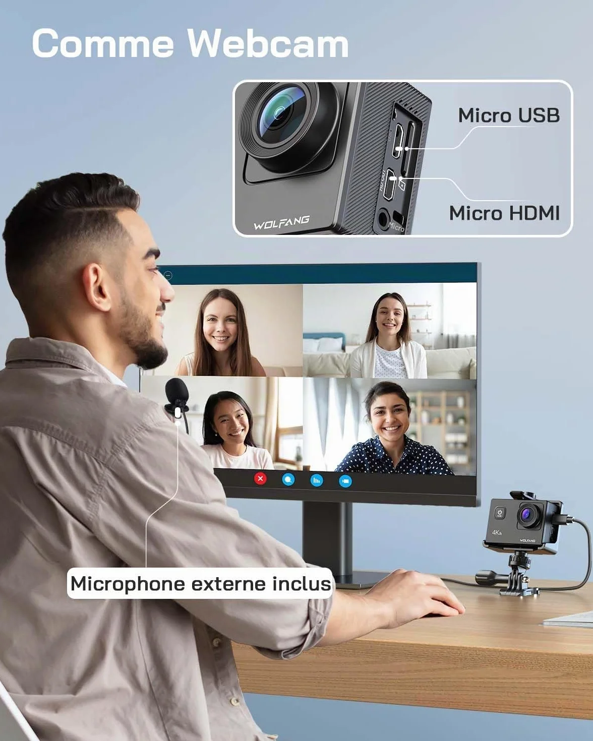 WOLFANG GA100 4K 30FPS Caméra Sport WiFi 20MP Étanche 40m avec Double Microphone Télécommande