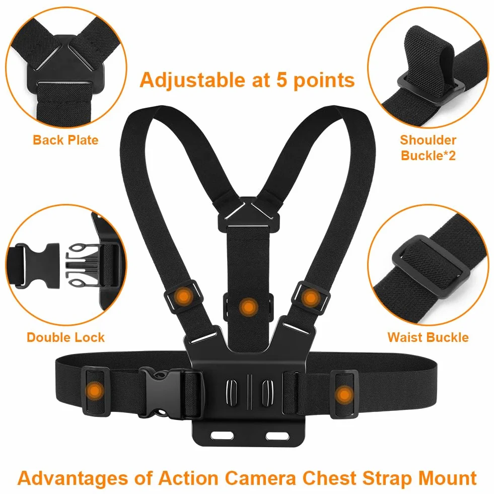 Kit d'accessoires de Sangle de Poitrine, Compris Fixation Bandeau y Fixation pour Sangle de Poitrine pour GoPro Hero 13 12 11 10 9 8 7 Max Mini/Insta360 X5 X4/DJI OSMO Action 5 Pro 4 3