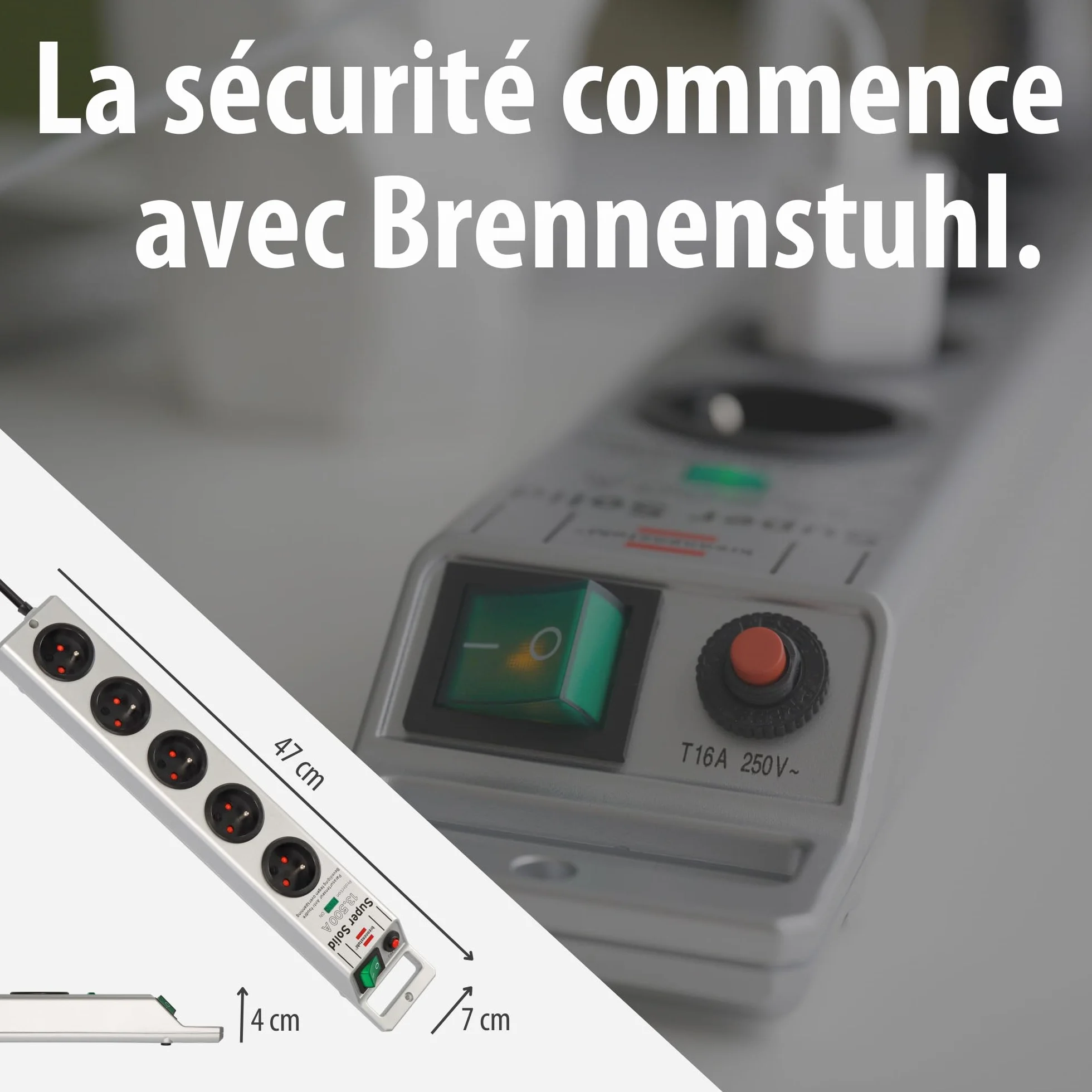 Brennenstuhl Multiprise Super-Solid avec Interrupteur et parasurtenseur 13500A (Bloc Prises orientées à 45 degrés, disjoncteur 16A, Voyant de Protection antifoudre, 2,5m H05VV-F, boîtier PC) Gris