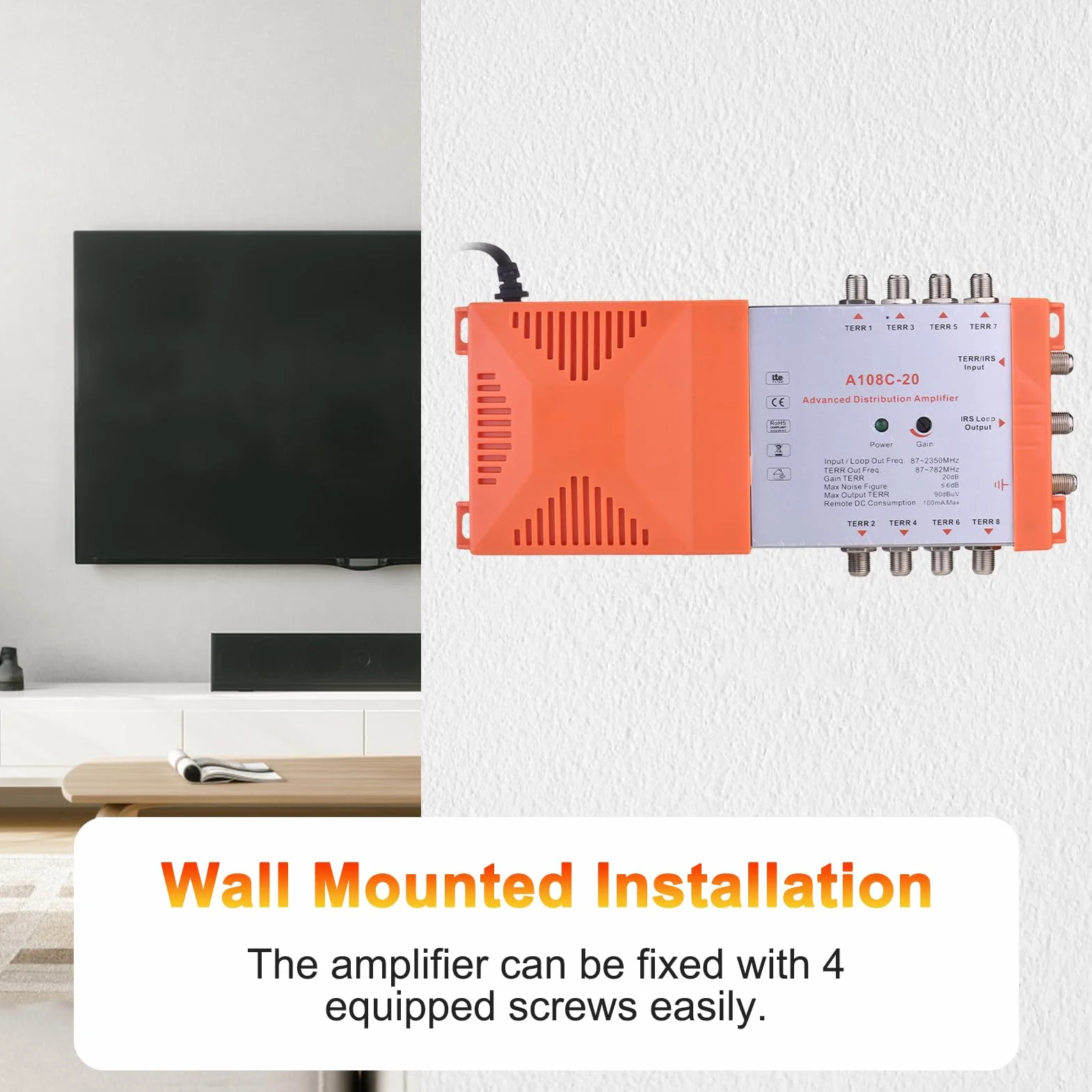 Weytoll Amplificateur de Distribution 8 Voies MATV Satellite Intérieur 20 dB Filtre 4G