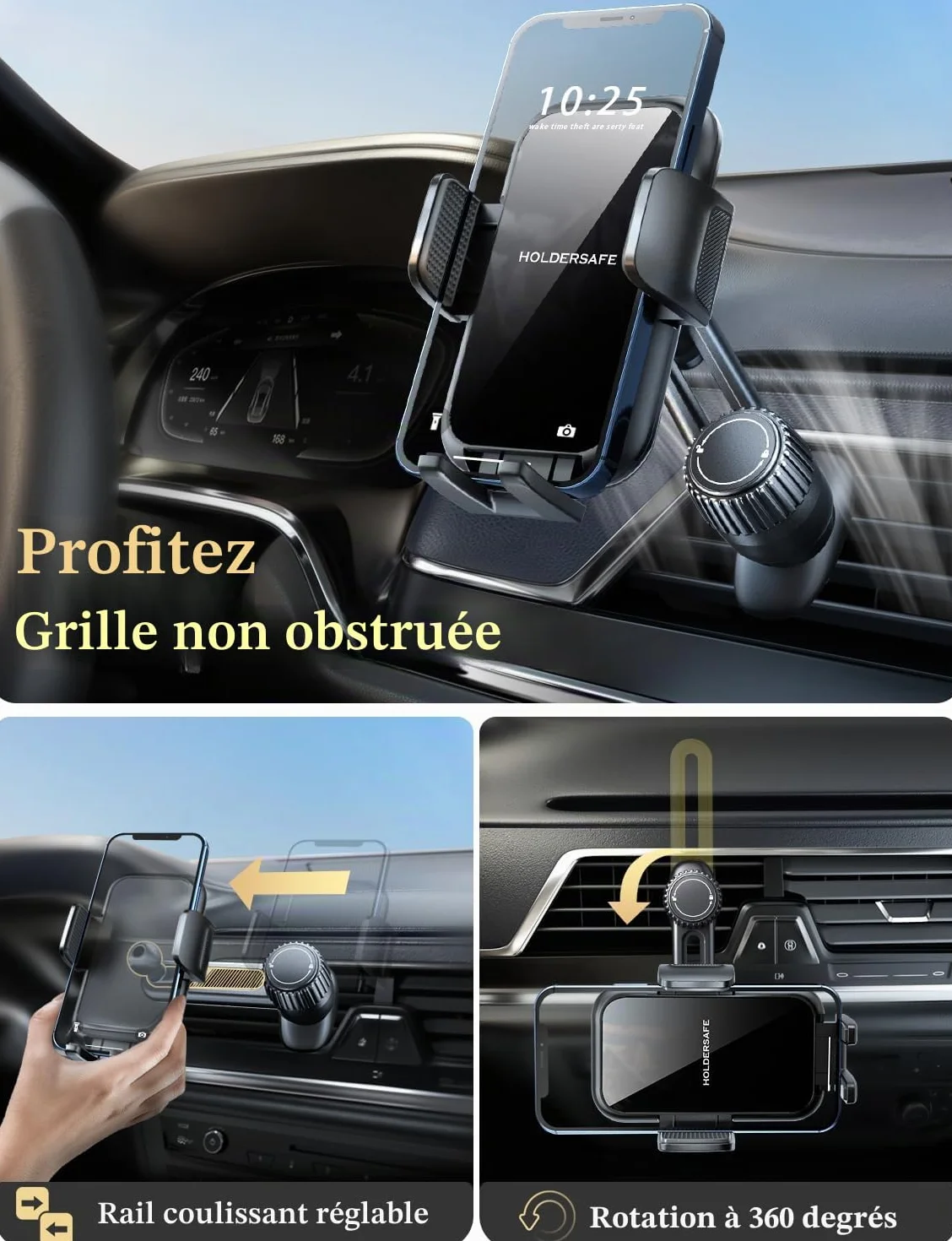 Support Telephone Voiture Porte Téléphone: [360° Rotation & Opération à Une Main] Porte Smartphone Voiture Bouche D'aération Socles de Téléphone Portable pour iPhone/Samsung/Huawei/Xiaomi-Acrylique