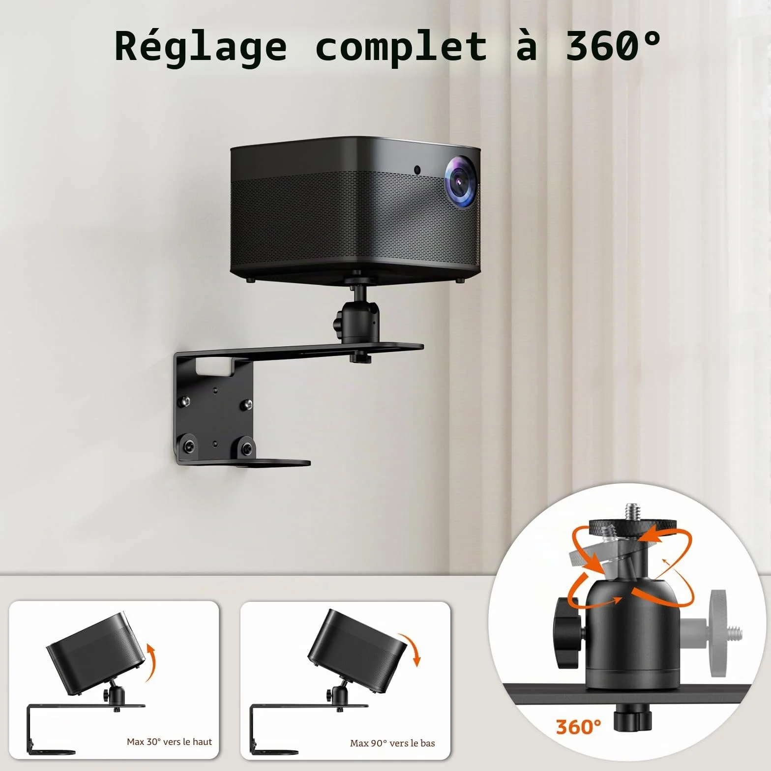 Support Universel Projecteur Plafond Mural Fixation 1/4", Capacité 10 kg, Rotation 360°, Ajustement 12 cm