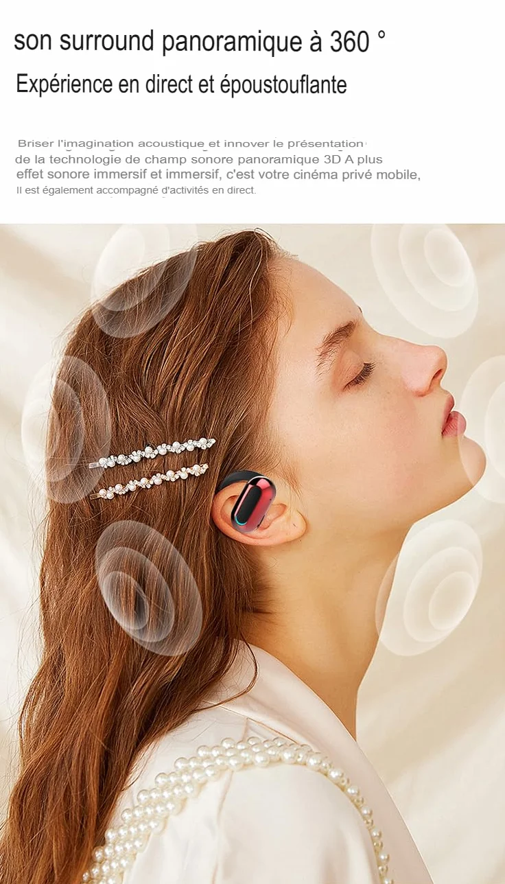 Clip Oreillette Bluetooth 5.2 sans Fil - 75 mAh, 15H Écoute, Recharge USB-C, Clip Oreille Ouvert, Confortable, Idéale Télétravail & Sport. (Noir)