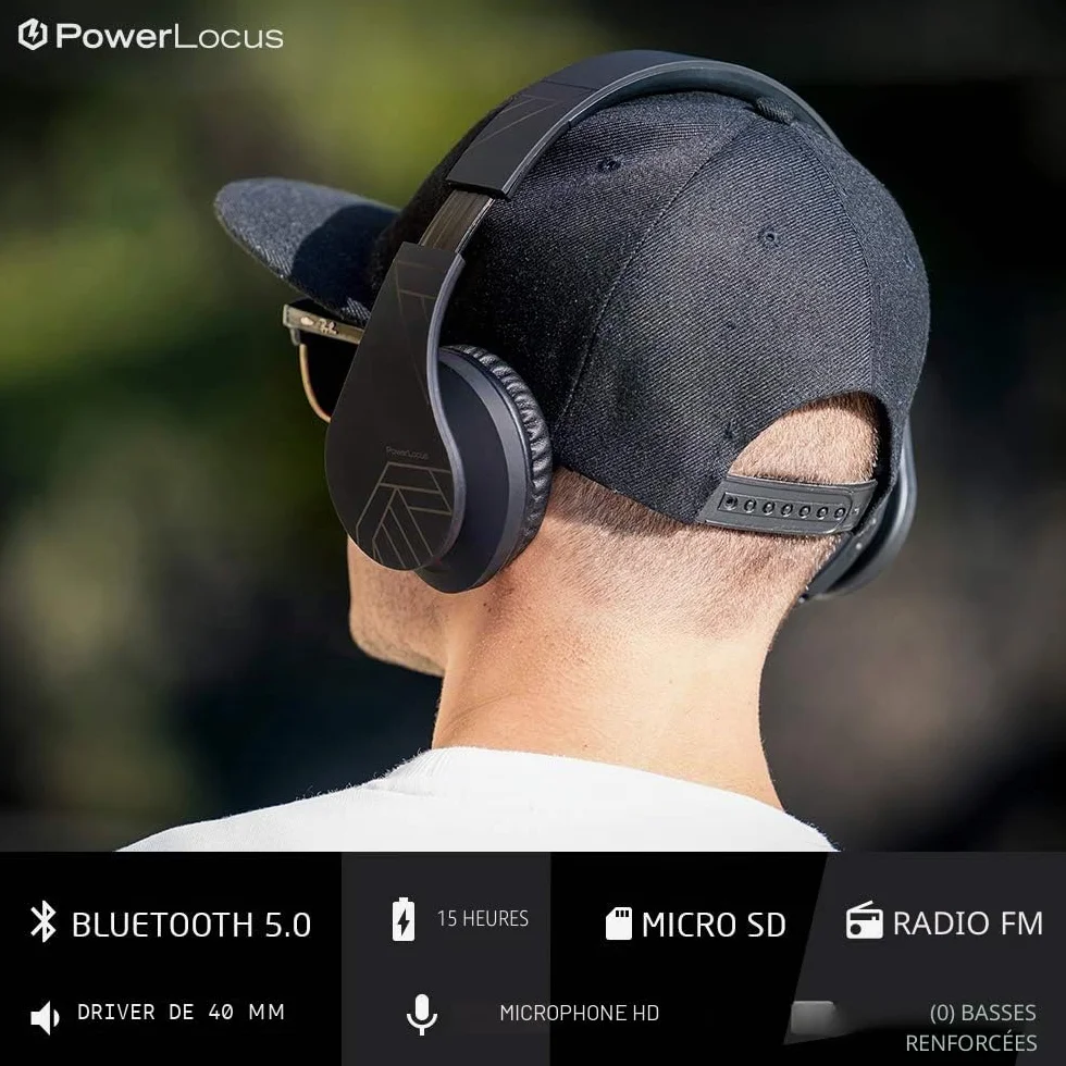 PowerLocus Casque Bluetooth Audio stéréo Pliable sans Fil et Filaire avec Micro intégré, Micro SD/TF, FM pour iPhone/Wiko/Samsung/iPad/PC (Noir)