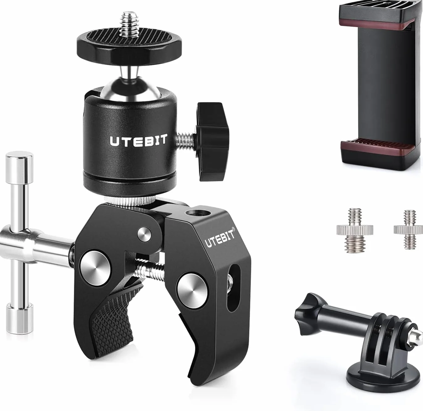 UTEBIT Pince Trépied Bras Magique, Super Clamp avec Rotule Pivotante à 360° en Alliage Aluminium, Bras Articulé Support pour Appareil Photo, Lampe Vidéo, et Caméra Action