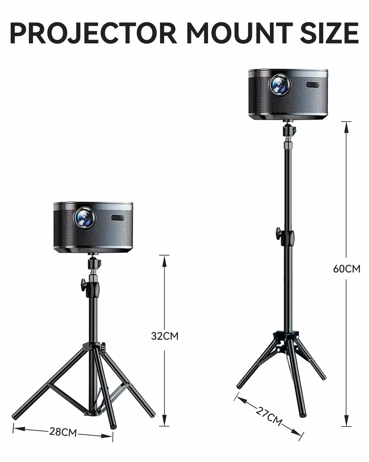 Support pour Projecteur avec Trépied 32-60cm, Rotule Pivotante 360°, Filetage 1/4", Noir