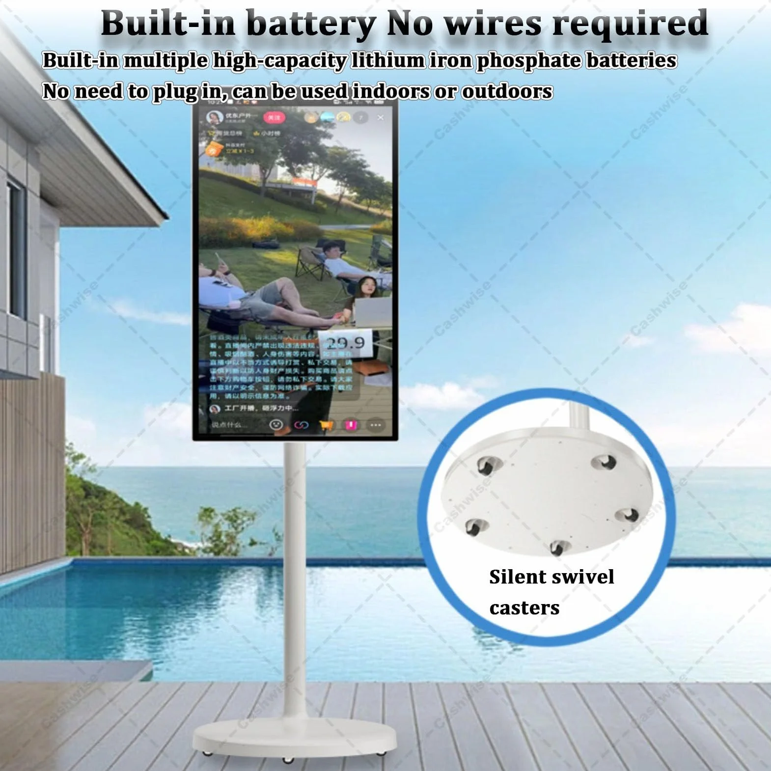 TV Portable Intelligent de 21,5 Pouces 4K, 6G + 128G Storage, Android 14 OS, TV Roulant sur Roues avec écran Tactile Rotatif, Batterie intégrée, Rotation pivotante complète 6+128G