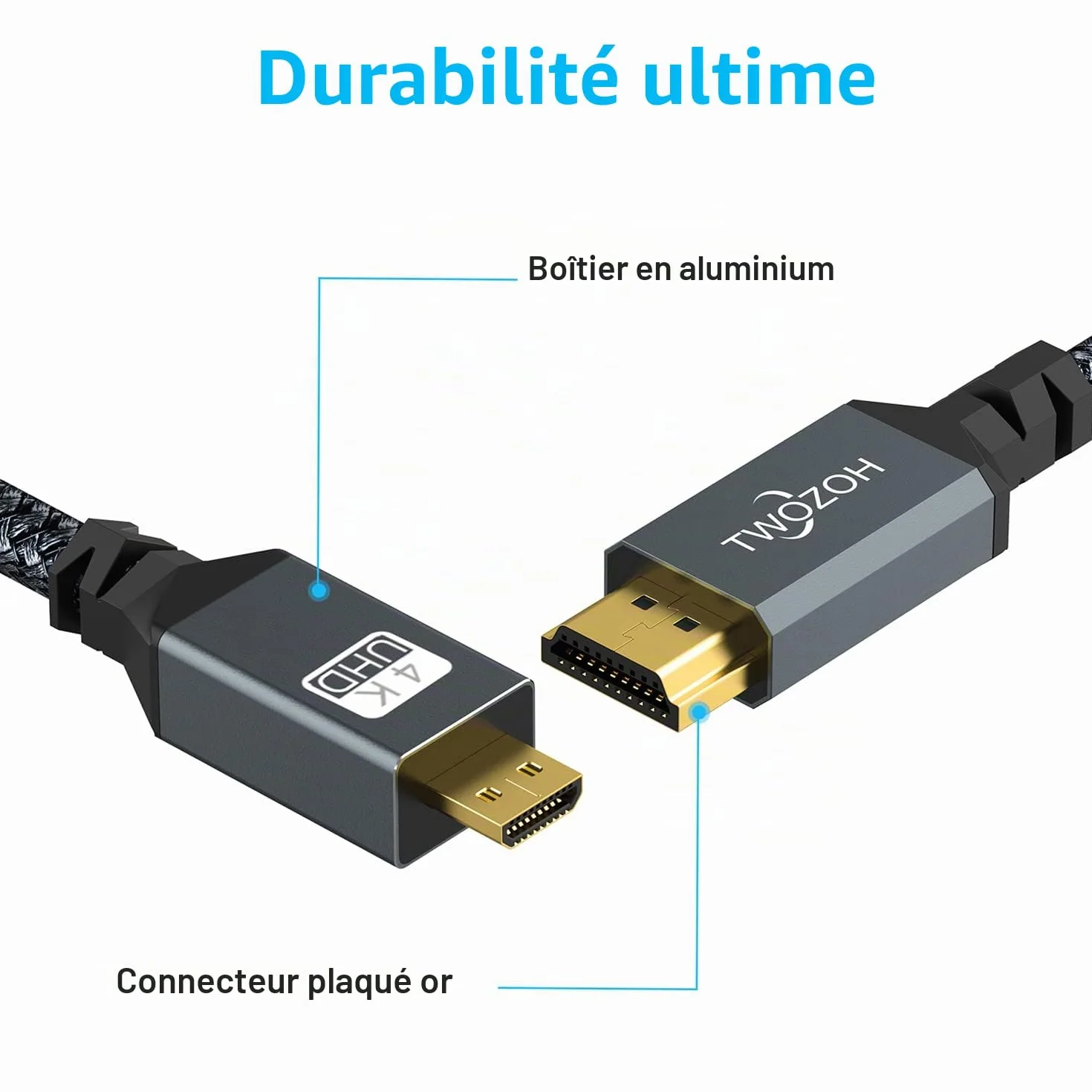 Twozoh Câble Micro HDMI vers HDMI 5M, Nylon tressé Câble HDMI A vers Micro HDMI D, Supporte 3D 4K/60Hz 2.0 1080p