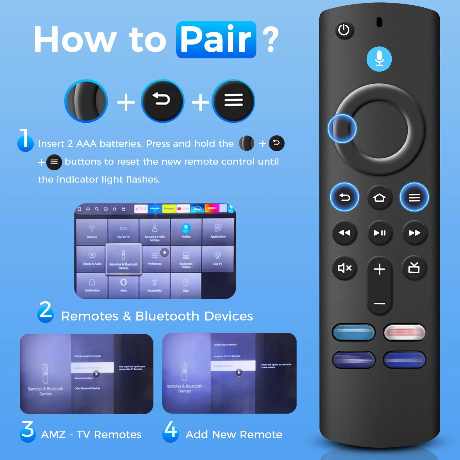 Télécommande Vocale de Remplacement 3e Génération Compatible avec Fire TV Stick 2/3 Gen 4K 4K Max Lite HD Fire TV Cube 2nd 3rd Gen Bluetooth 4 Touches Raccourcis