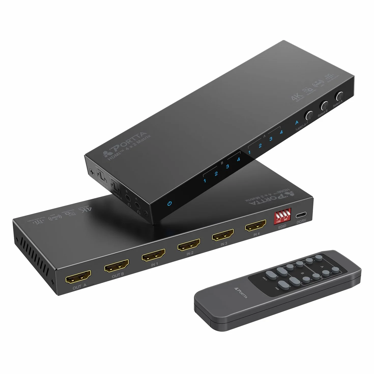 HDMI Matrix 4x2 4K 60Hz, PORTTA HDMI Switch Splitter 4 in 2 Out avec Toslink 3.5mm Audio Extractor, Arc, 16 EDID Modes, 4K Downscale, et IR Télécommande, SoutienHDMI 2.0b HDCP 2.3/2.2 HDR 3D CEC