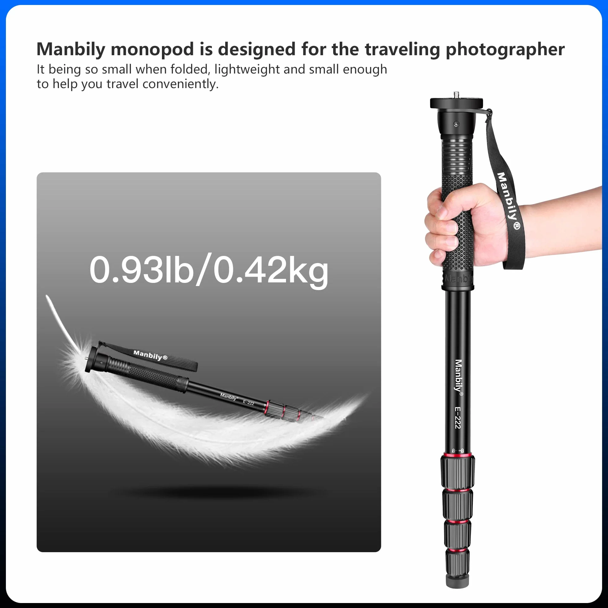 Manbily Monopode de voyage en aluminium à 5 sections pour appareil photo Canon, Nikon, Sony, appareil photo reflex numérique, caméscope, compact, portable et léger (E-222) (rouge)