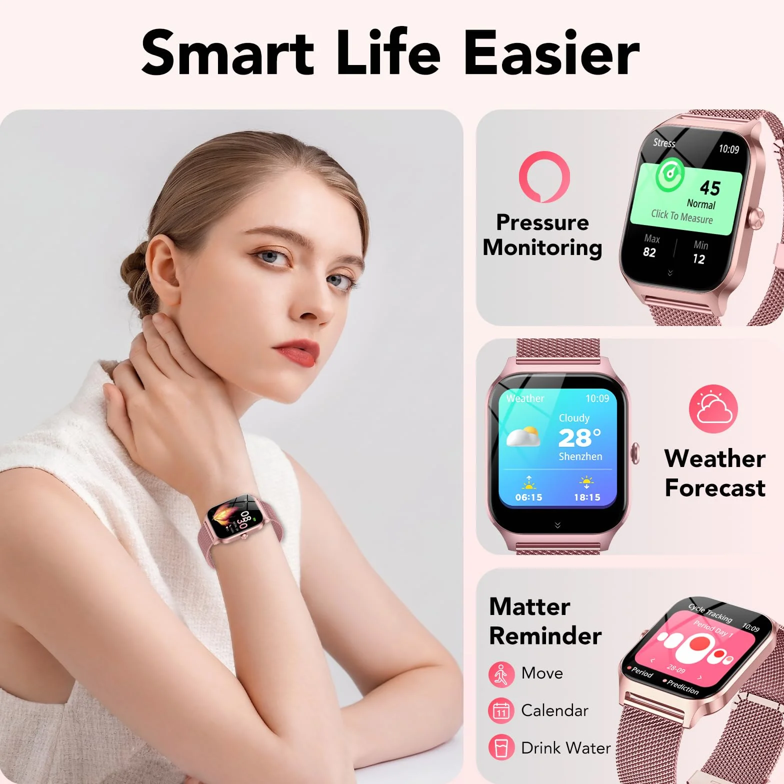 CASCHO Montre Connectée Femme avec Appel Bluetooth,1.85" HD Smartwatch Femme avec Fréquence Cardiaque/Sommeil/SpO2, 120+ Modes Sportifs, IP68 Étanche Fitness Tracker, Montre pour Android iOS Rose