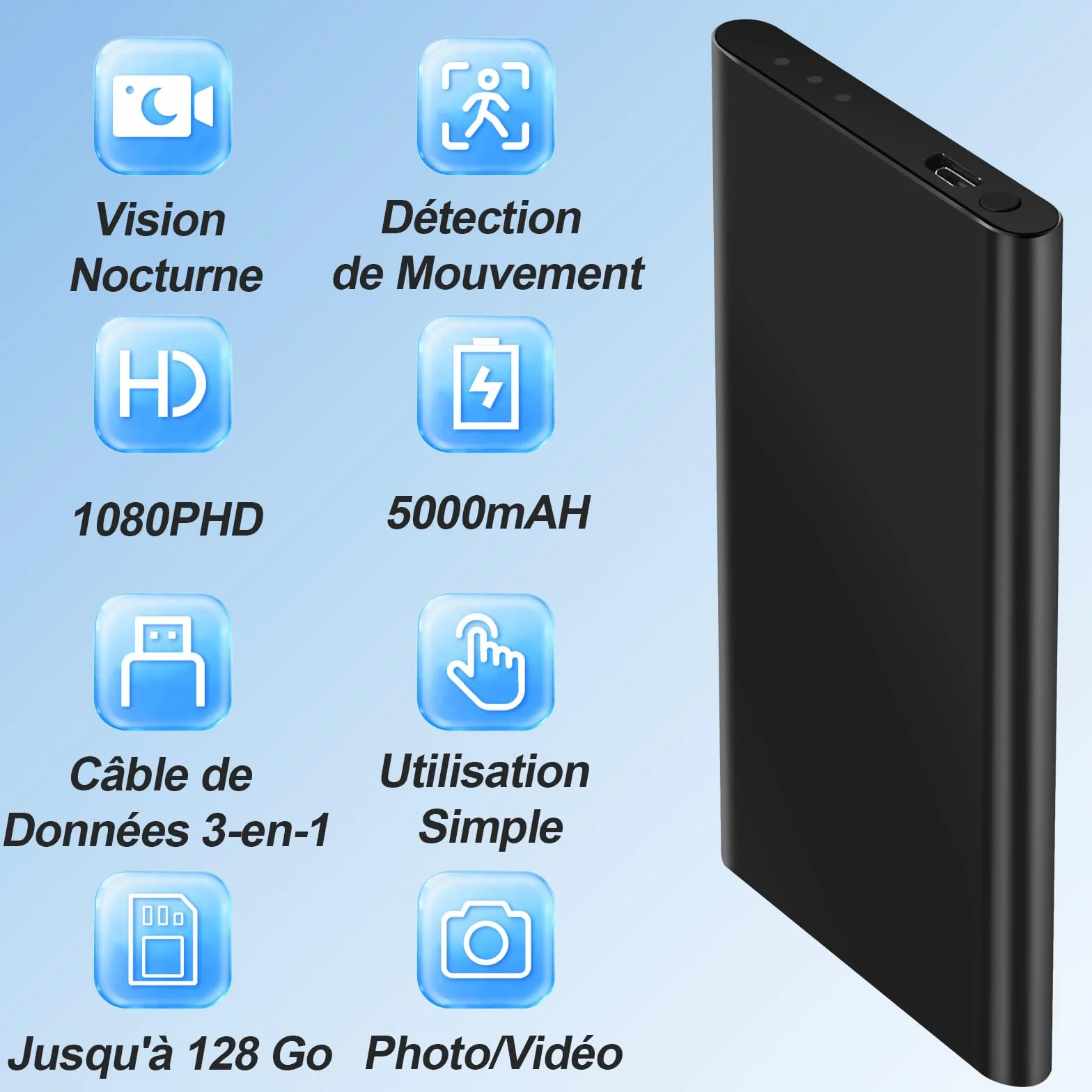 Caméra Espion Power Bank, Double Fonction 1080P HD Caméra Cachée Power Bank, Batterie 5000 mAh pour 17 Heures D'enregistrement avec Câble USB 3-en-1