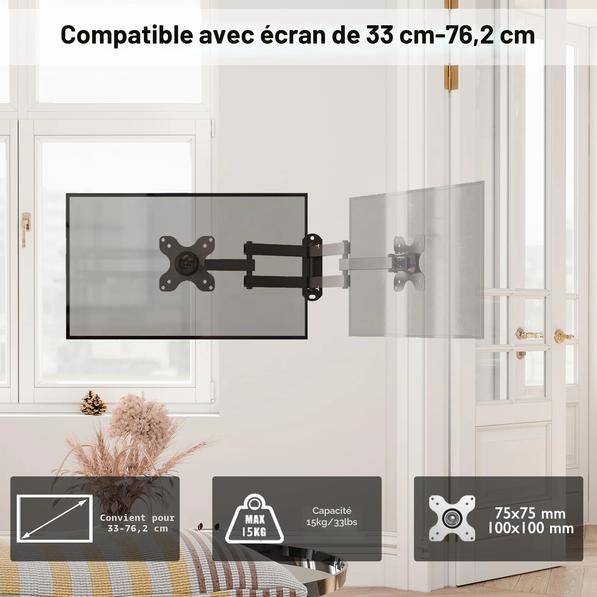 BONTEC Support TV Mural Orientable et Inclinable Universel pour Télévision et Moniteur 13-30 Pouces, Fixation Murale VESA 75x75/100x100mm, Charge Max 15kg, Extension 38.2cm, Facile à Installer