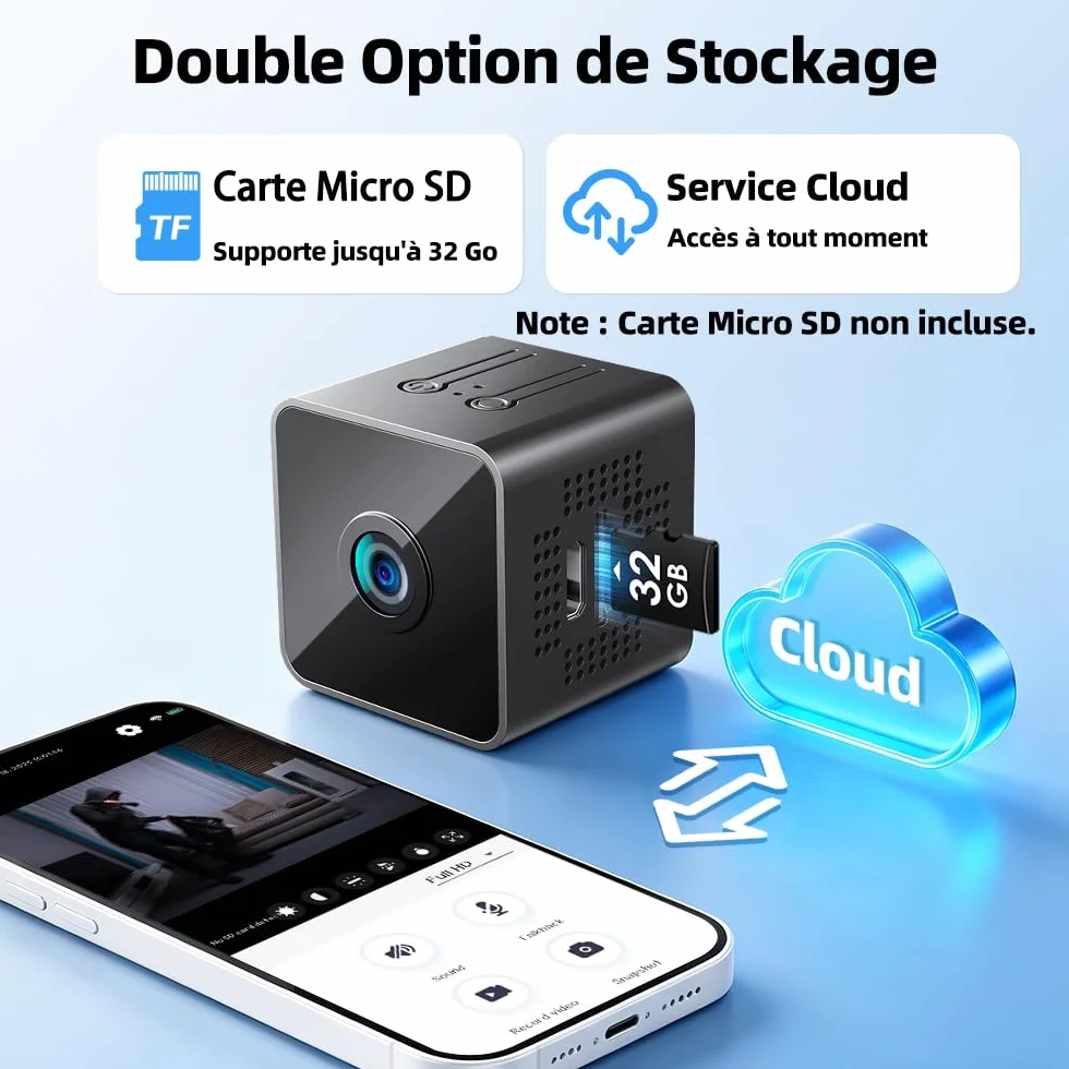 Mini Caméra Espion WiFi 1080P Full HD, Caméra de Surveillance Intérieure Discrète avec Détection de Mouvement et Vision Nocturne, Petite Caméra Connectée pour Bébé, Maison, Bureau et Auto, Noir