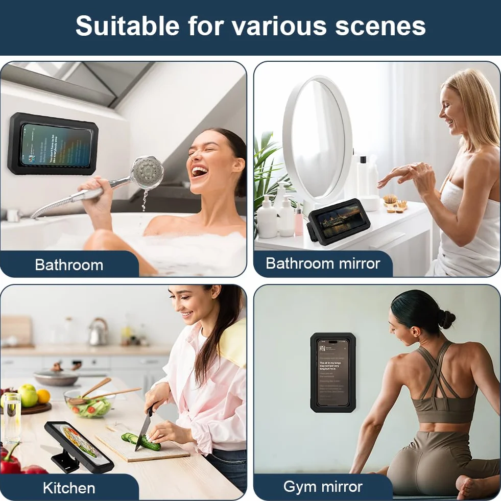 HOTUT Support de Téléphone de Douche Étanche, Étui Téléphone Mural Rotation à 360°, Support Universel pour Douche Salle de Bain Cuisine pour Moins 7" Phone, Écran Tactile Haute Définition - Noir