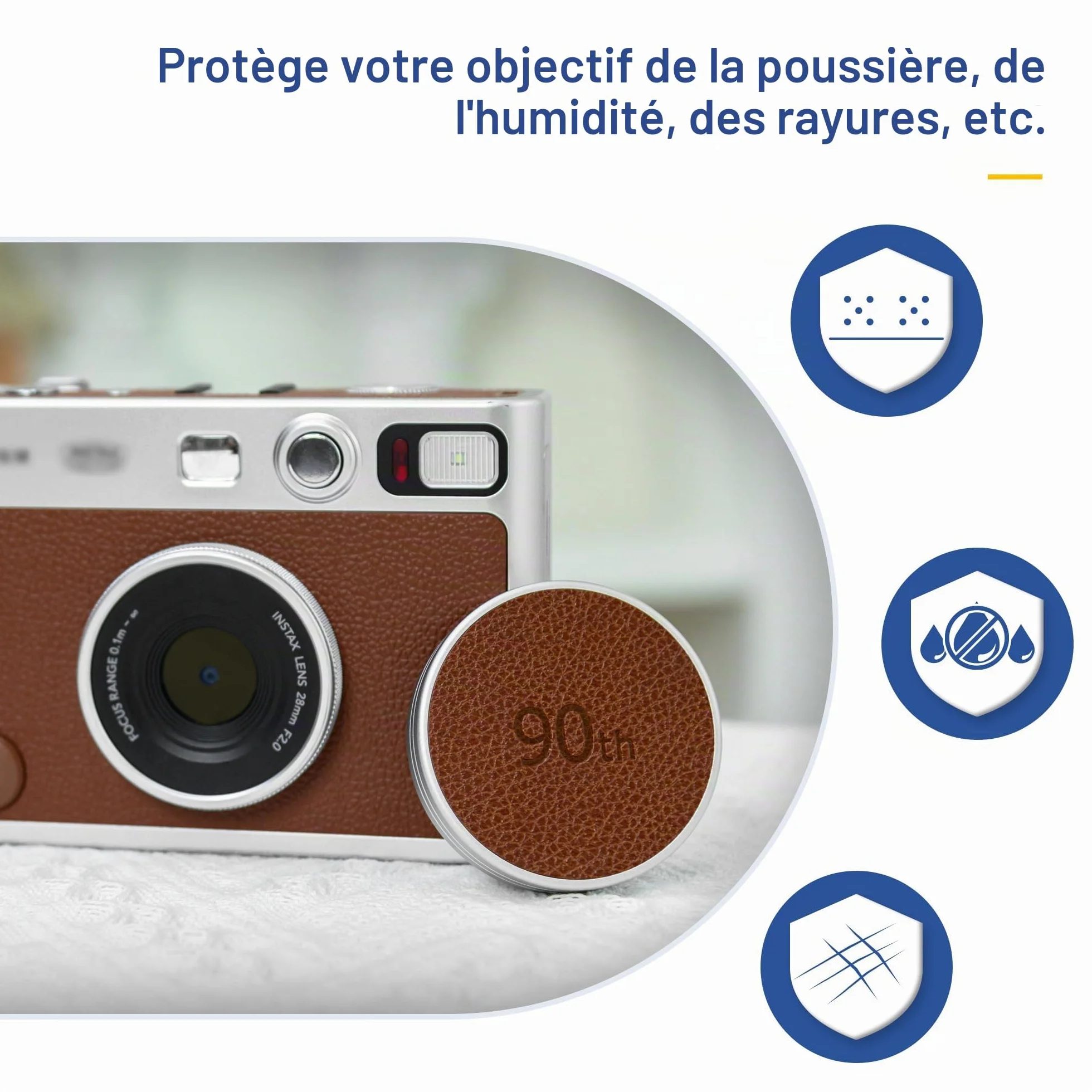 JJC Bouchon D'objectif en Métal pour Appareil Photo Fuji Instax Mini Evo, Accessoires Mini Evo en Aluminium avec Surface en Cuir et Intérieur en EVA Souple, Marron