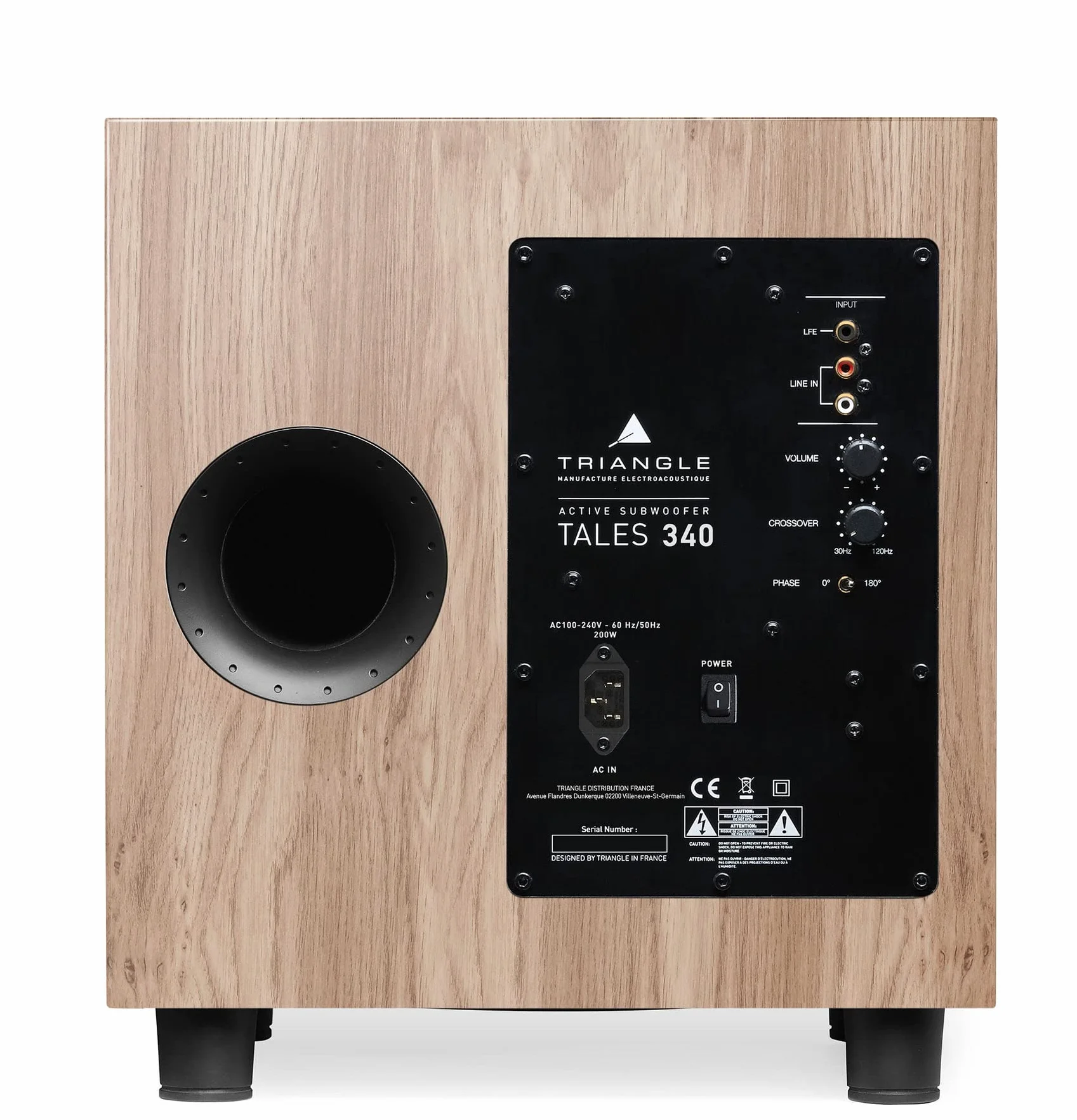 Triangle – Caisson de Basse Tales 340 avec Amplificateur 200W – Bass Reflex - Haut-Parleur 25 cm – Entrées RCA/LFE - Polyvalent Musique et Home-Cinéma - 342 x 383 x 357 mm - Chêne Clair