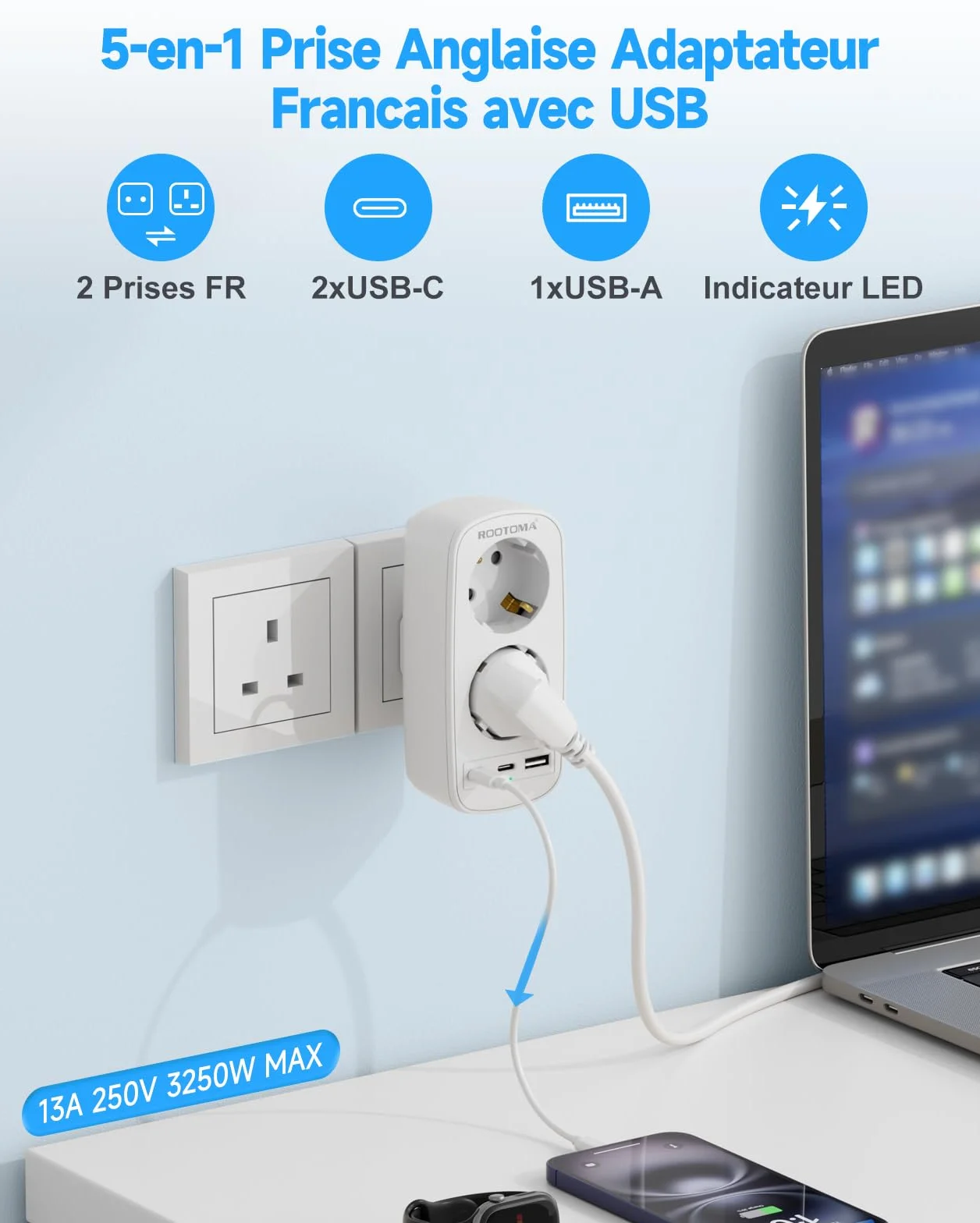 Prise Adaptateur Type G Double Prise avec 3 USB pour Angleterre, Irlande, Dubai, Maldives