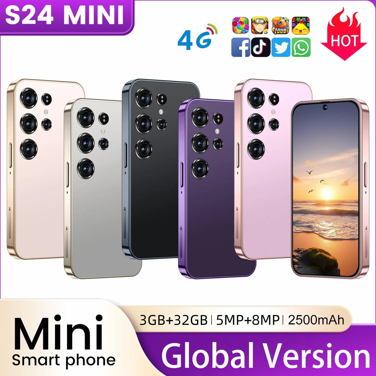 Mini smartphone pour enfants 4,0 pouces écran HD 3 Go RAM 32 Go ROM 4G Dual SIM Android 10.0 WiFi Bluetooth FM GPS X24mini Rose