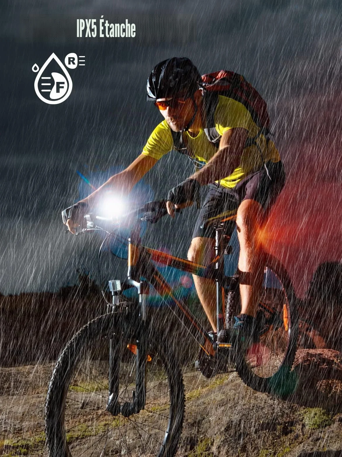 Lumiere Velo Avant et Arriere, Ensemble Éclairage Vélo LED Puissant 5 Modes Lampe Vélo Rechargeable USB Étanche IPX5