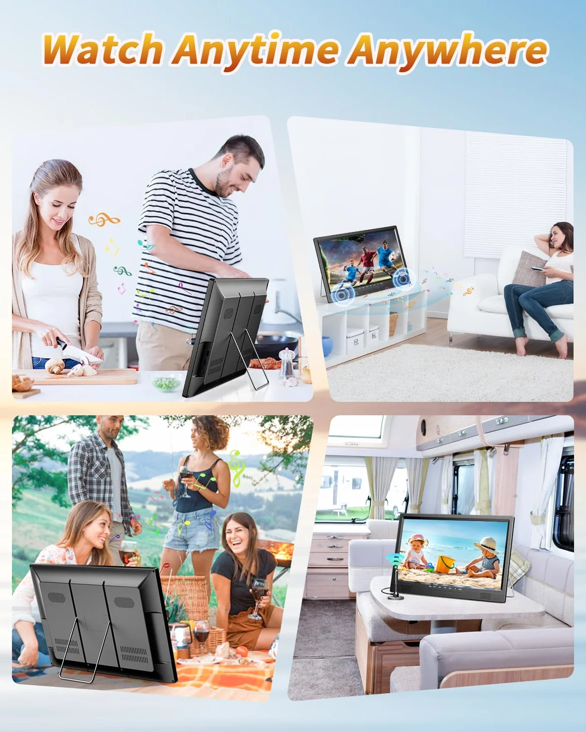 Desobry Téléviseur portable 19 pouces, petite tv 1080P avec batterie et support intégrée, Tuner numérique DVB-T2, HDMI AV USB, tv 12v pour camping car, VR, cuisine, chambre
