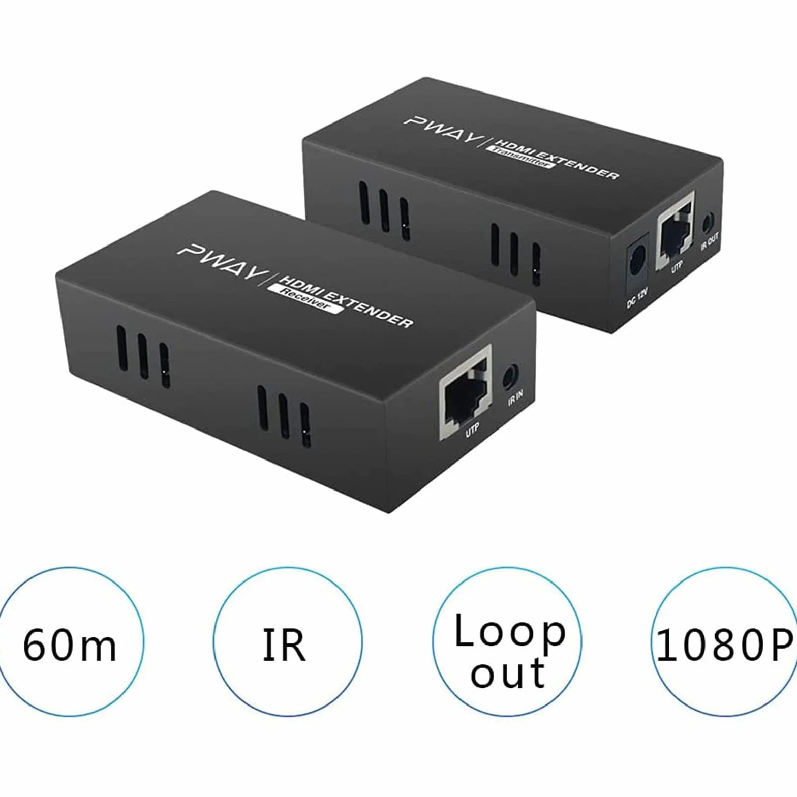 PWAY PW-HT225PIR HDMI Extender 195ft 60m Cat5e Cat6 Cat7 Full HD 1080P IR Control Loop out 3D EDID