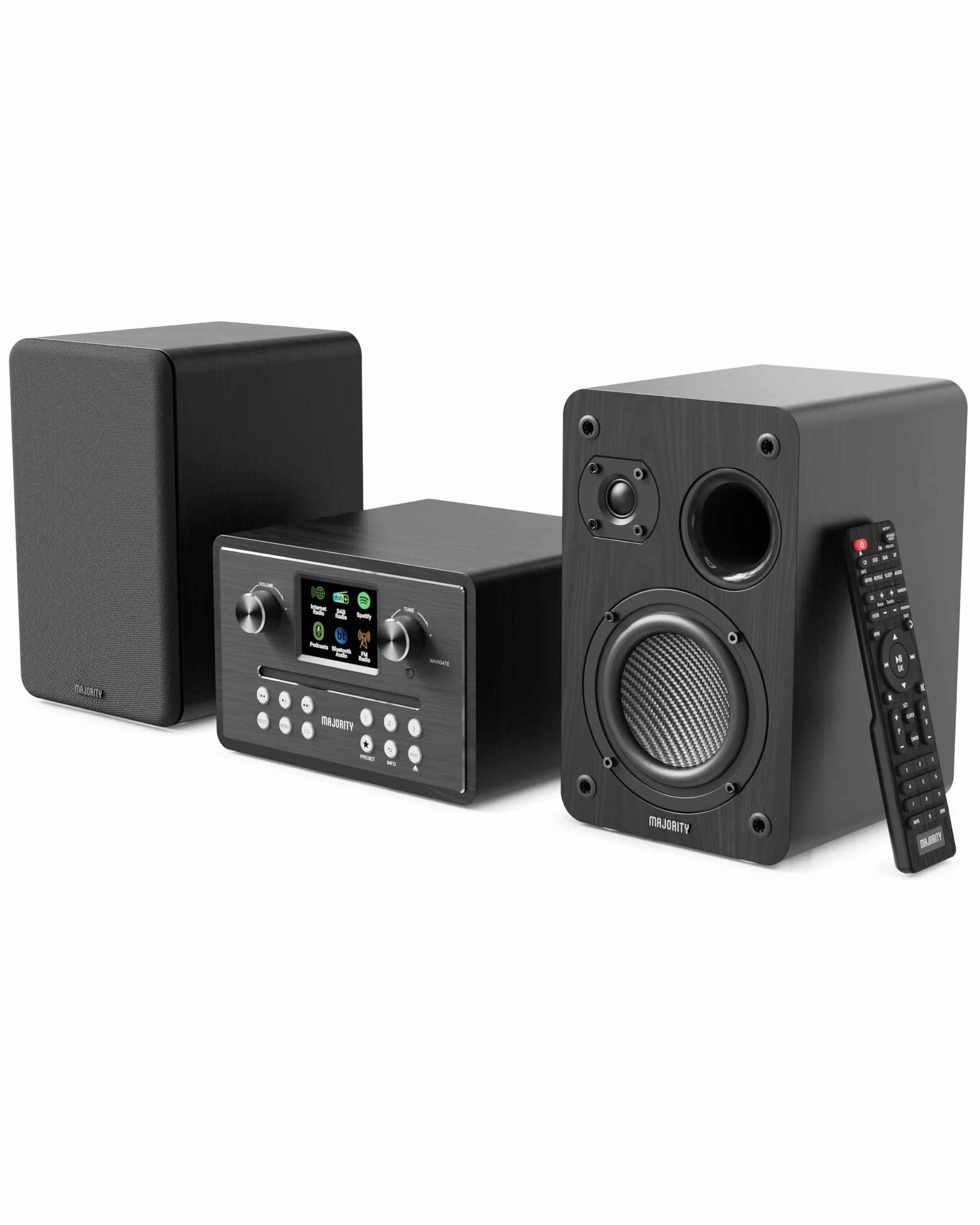 MAJORITY Homerton HiFi Bluetooth 5.3 Chaine HiFi Radio Internet | Radio Dab+ et FM | Lecteur CD Spotify Connect et Podcasts | Système Stéréo avec 60W Enceintes | Télécommande & l'application OKTIV