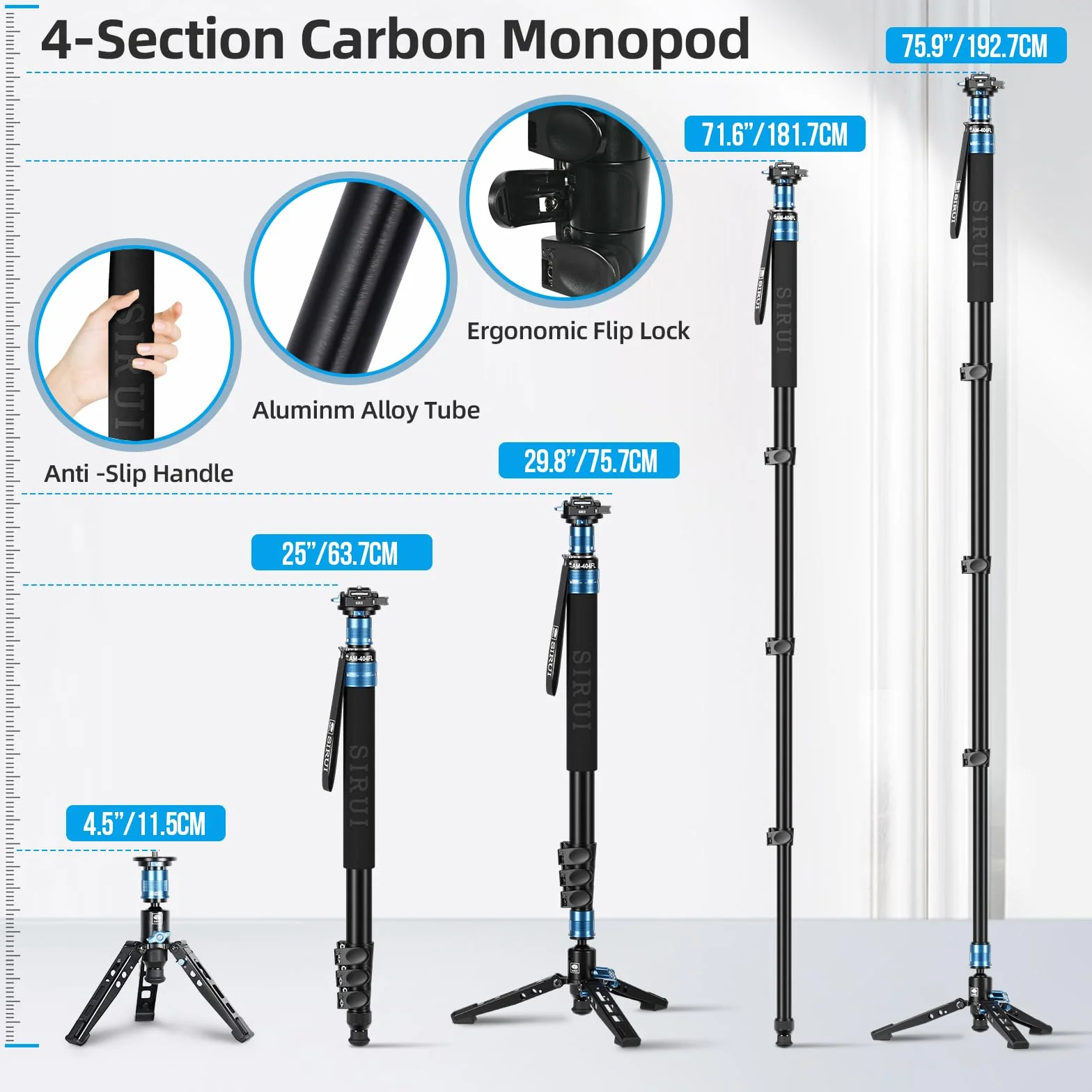 SIRUI Monopode de voyage professionnel en aluminium 192,5 cm charge maximale 15 kg compatible avec appareils photo